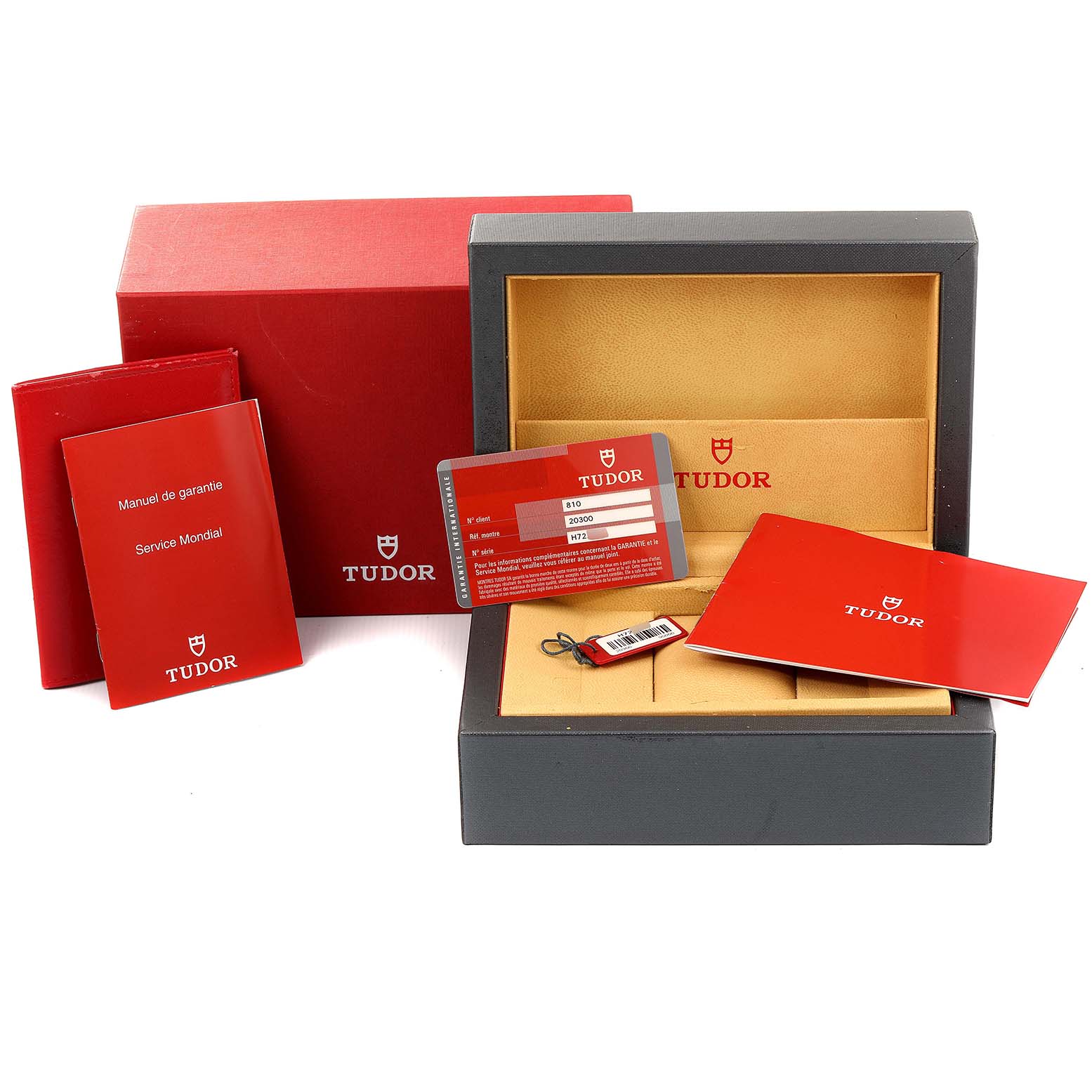 The image shows the box, manuals, warranty card, and accessories of the Tudor Sport Chronograph 20300 Men's Stainless Steel Grey Dial 20300 Men's Stainless Steel Grey Dial watch.