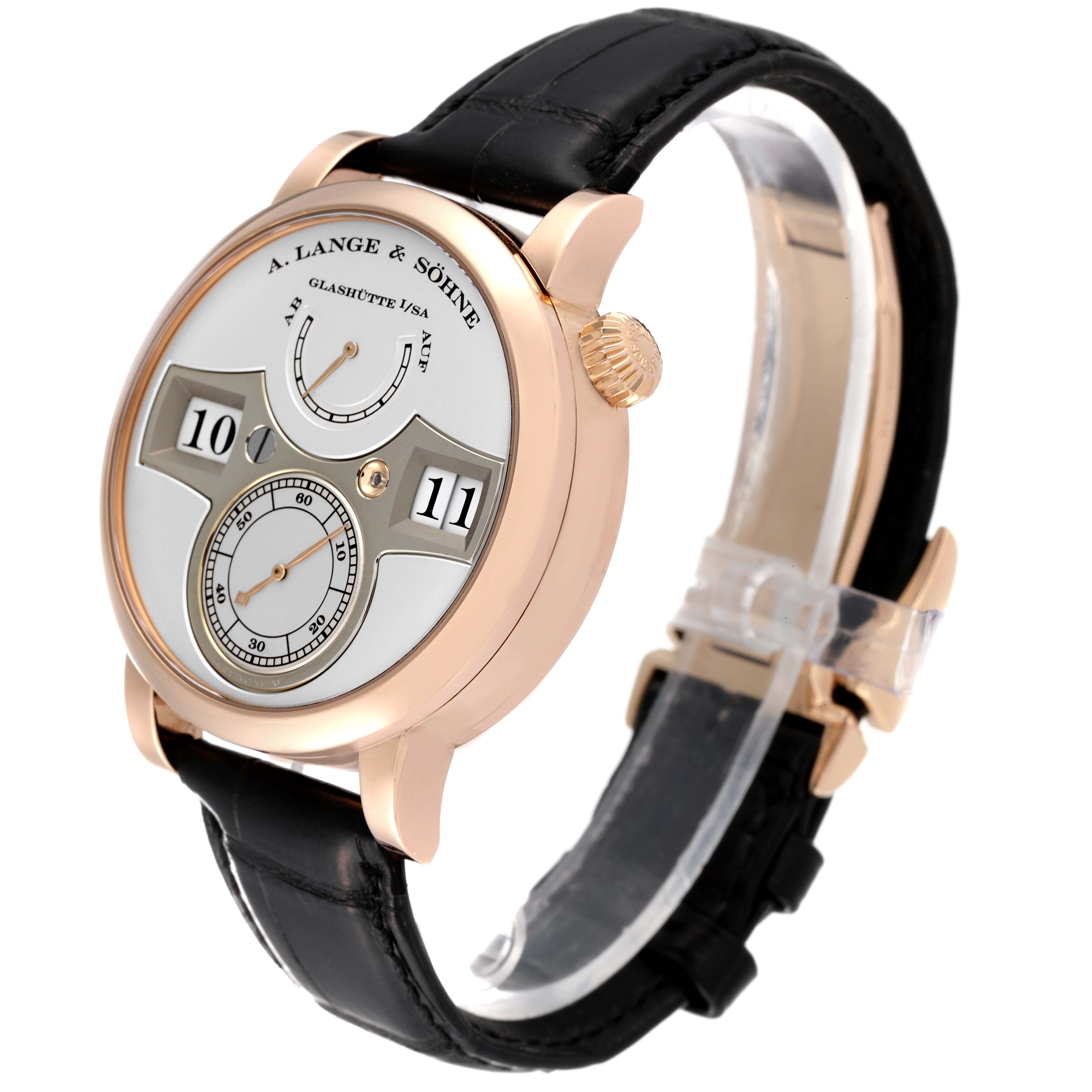 The image shows a side angle view of the A. Lange & Sohne Zeitwerk 140.032 Men's Rose Gold Silver Dial watch, highlighting the dial, crown, and leather strap.