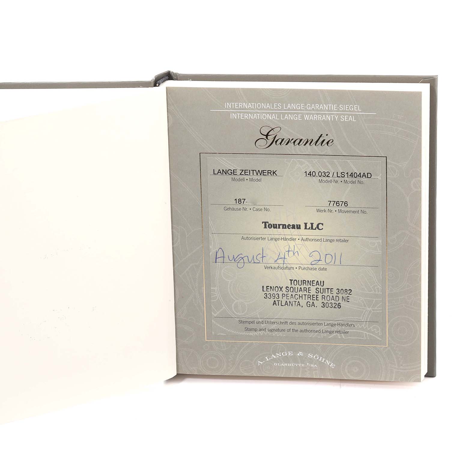 The image shows an open warranty booklet for an A. Lange & Sohne Zeitwerk 140.032 Men's Rose Gold Silver Dial watch, including dealer information and purchase date.