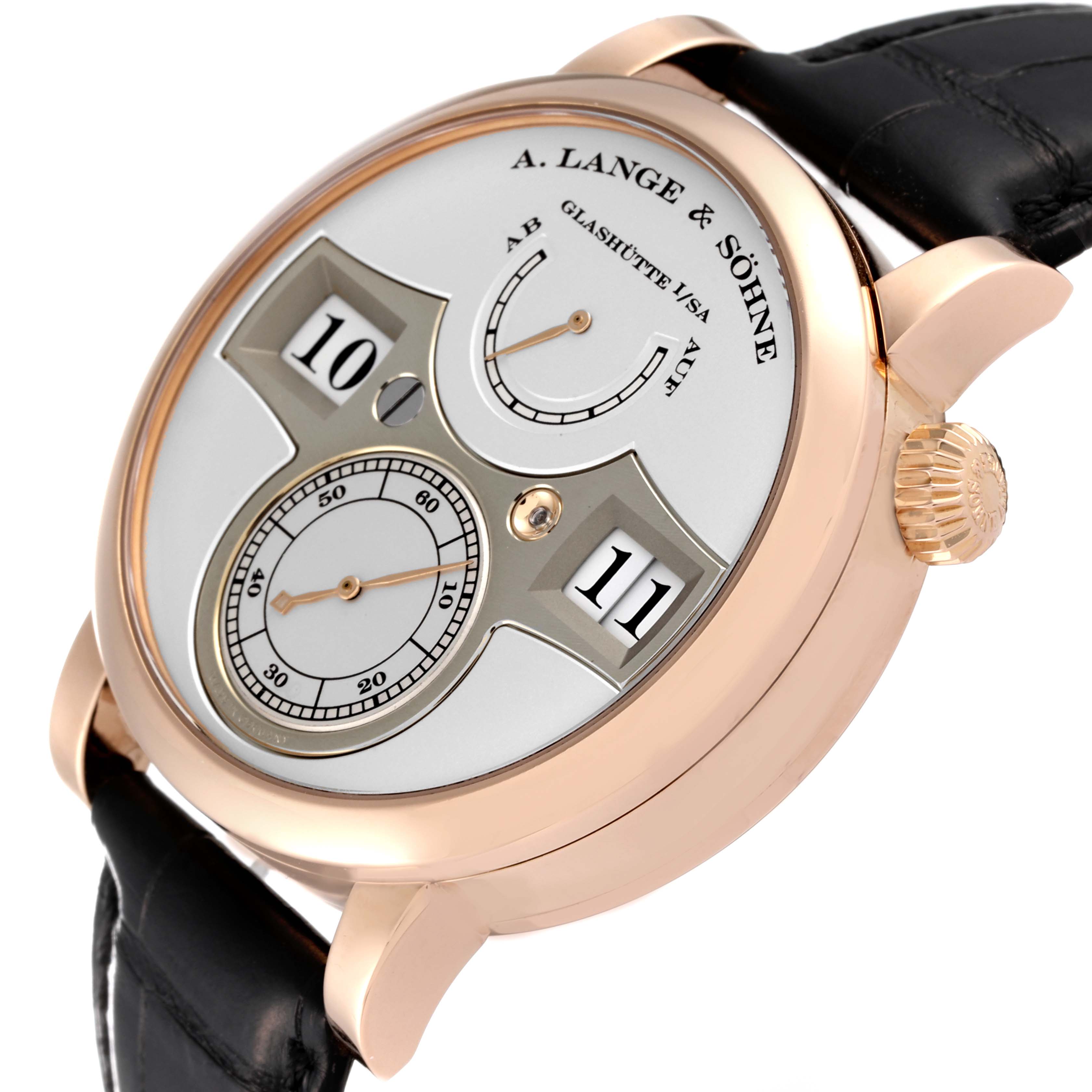 The A. Lange & Sohne Zeitwerk 140.032 Men's Rose Gold Silver Dial watch is shown at a slight angle, highlighting the digital time display, power reserve indicator, and subsidiary seconds dial.