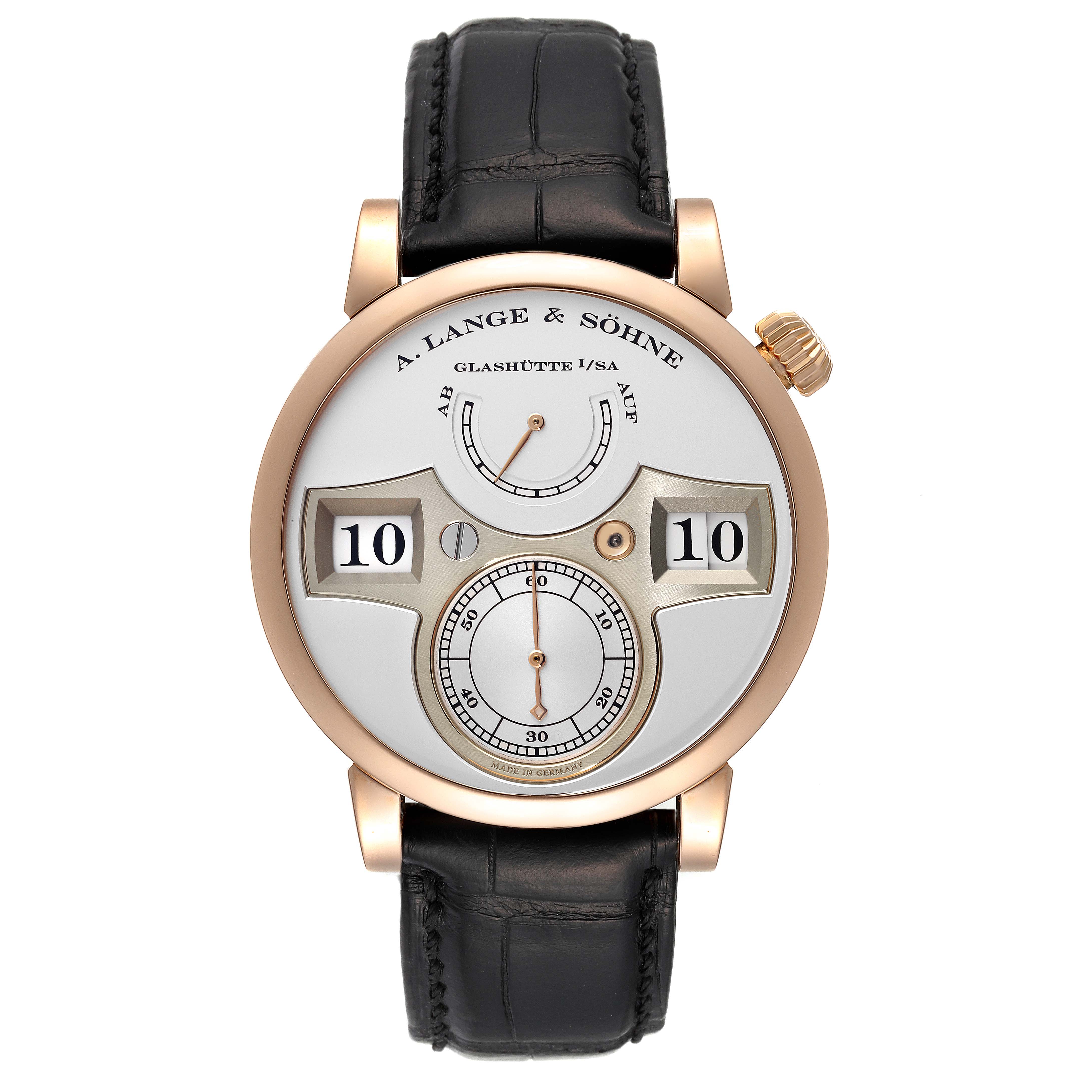 This image shows a front view of the Zeitwerk model by A. Lange & Söhne, highlighting the face, hands, and leather strap.