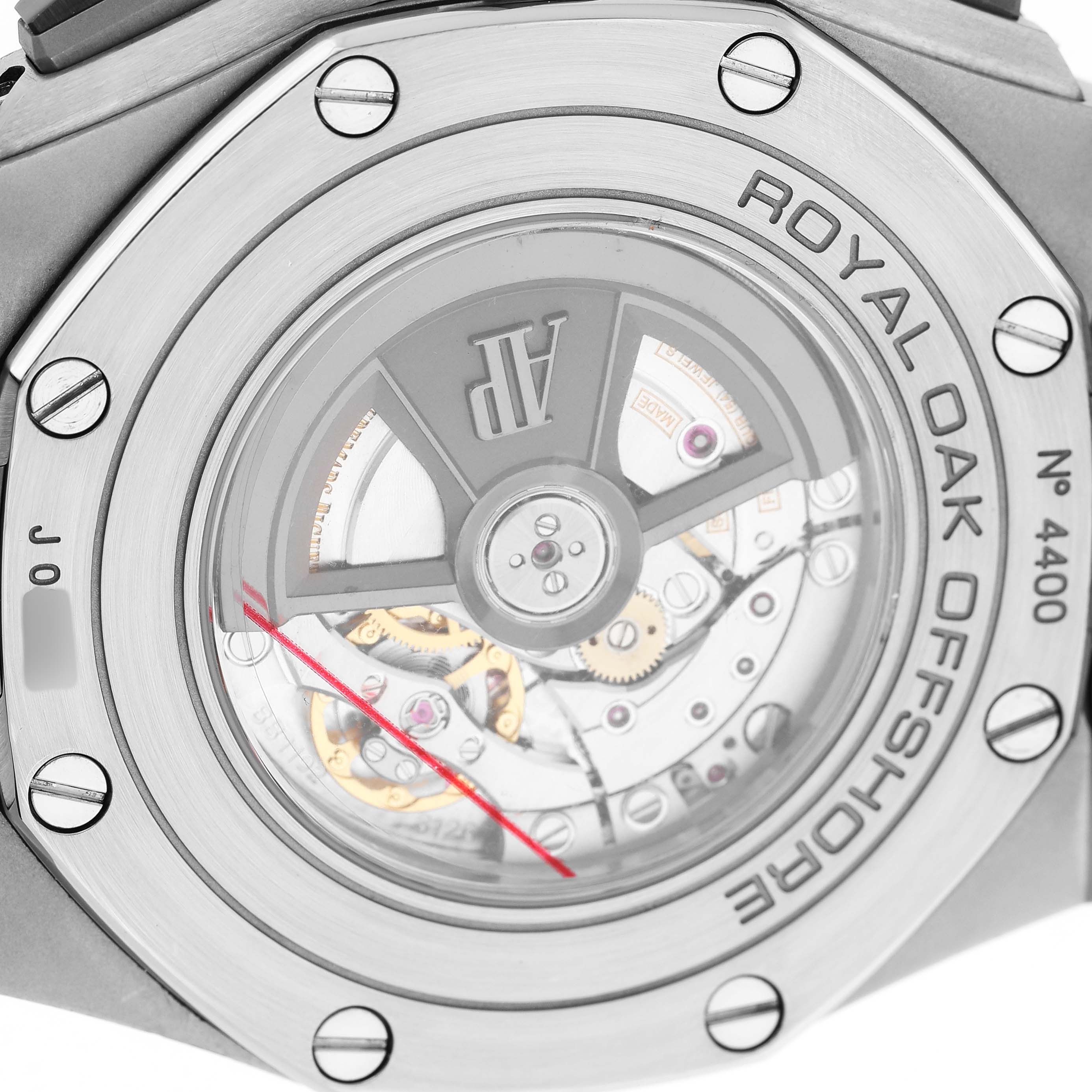 The image shows the back of the Audemars Piguet Royal Oak Offshore 26400SO.OO.A002CA.01 Men's Stainless Steel Silver Dial, highlighting the movement and rotor through a transparent caseback.