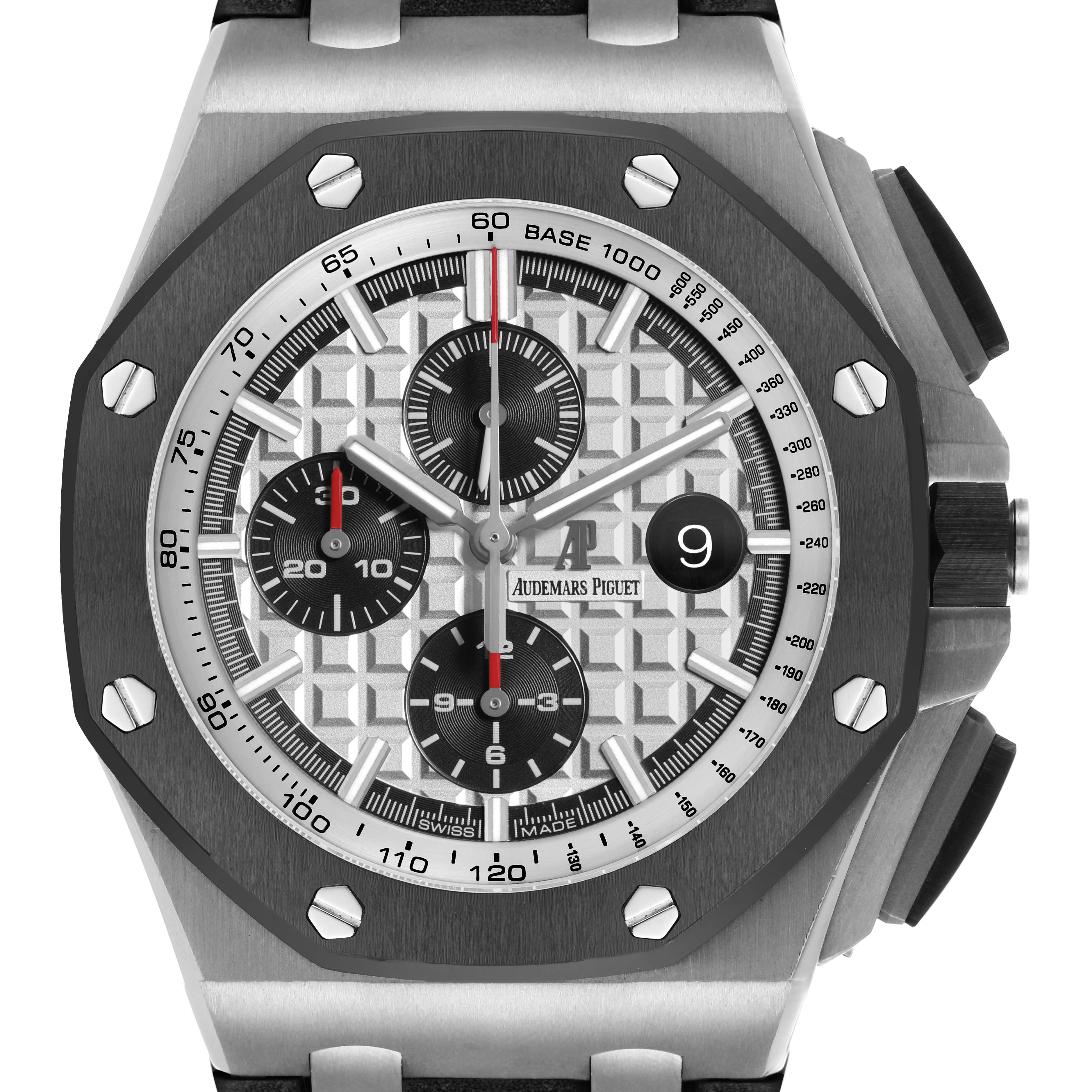 The image shows a front view of the Audemars Piguet Royal Oak Offshore 26400SO.OO.A002CA.01 Men's Stainless Steel Silver Dial watch, highlighting the dial, bezel, and chronograph subdials.
