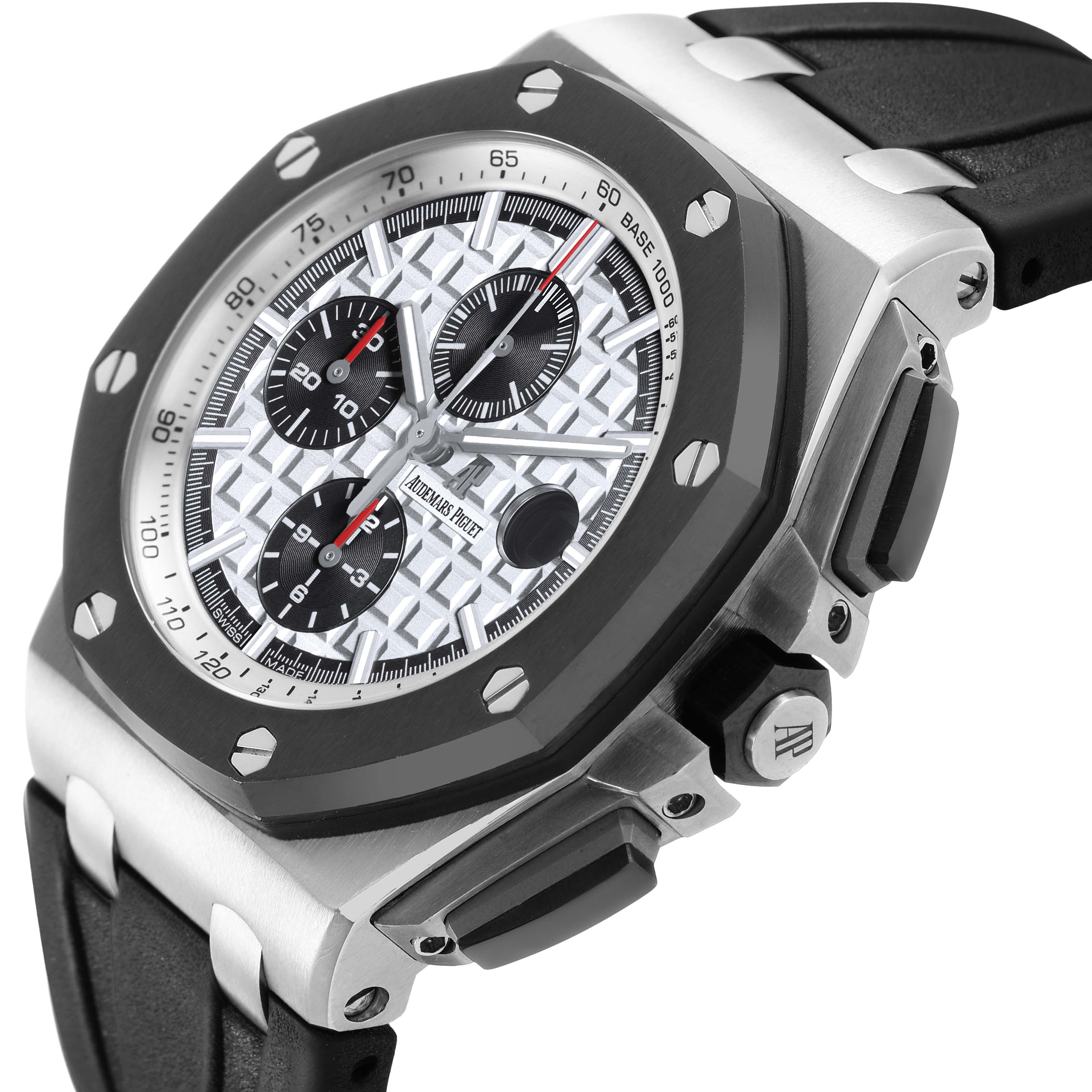 The image showcases the Audemars Piguet Royal Oak Offshore 26400SO.OO.A002CA.01 Men's Stainless Steel Silver Dial at a side angle, highlighting the case, bezel, and chronograph pushers.