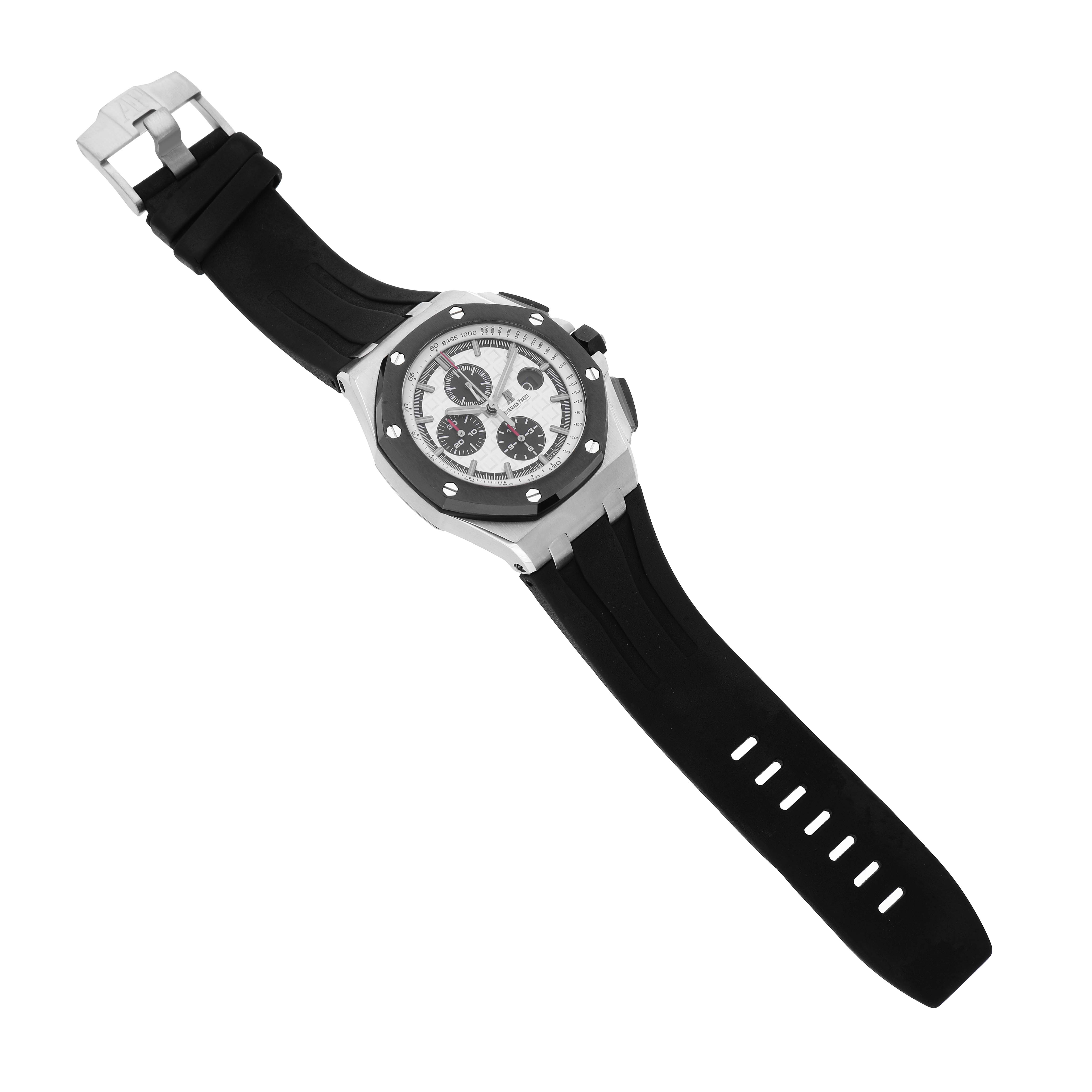 The watch, an Audemars Piguet Royal Oak Offshore 26400SO.OO.A002CA.01 Men's Stainless Steel Silver Dial, is shown from a top view highlighting the face, bezel, and black rubber strap.