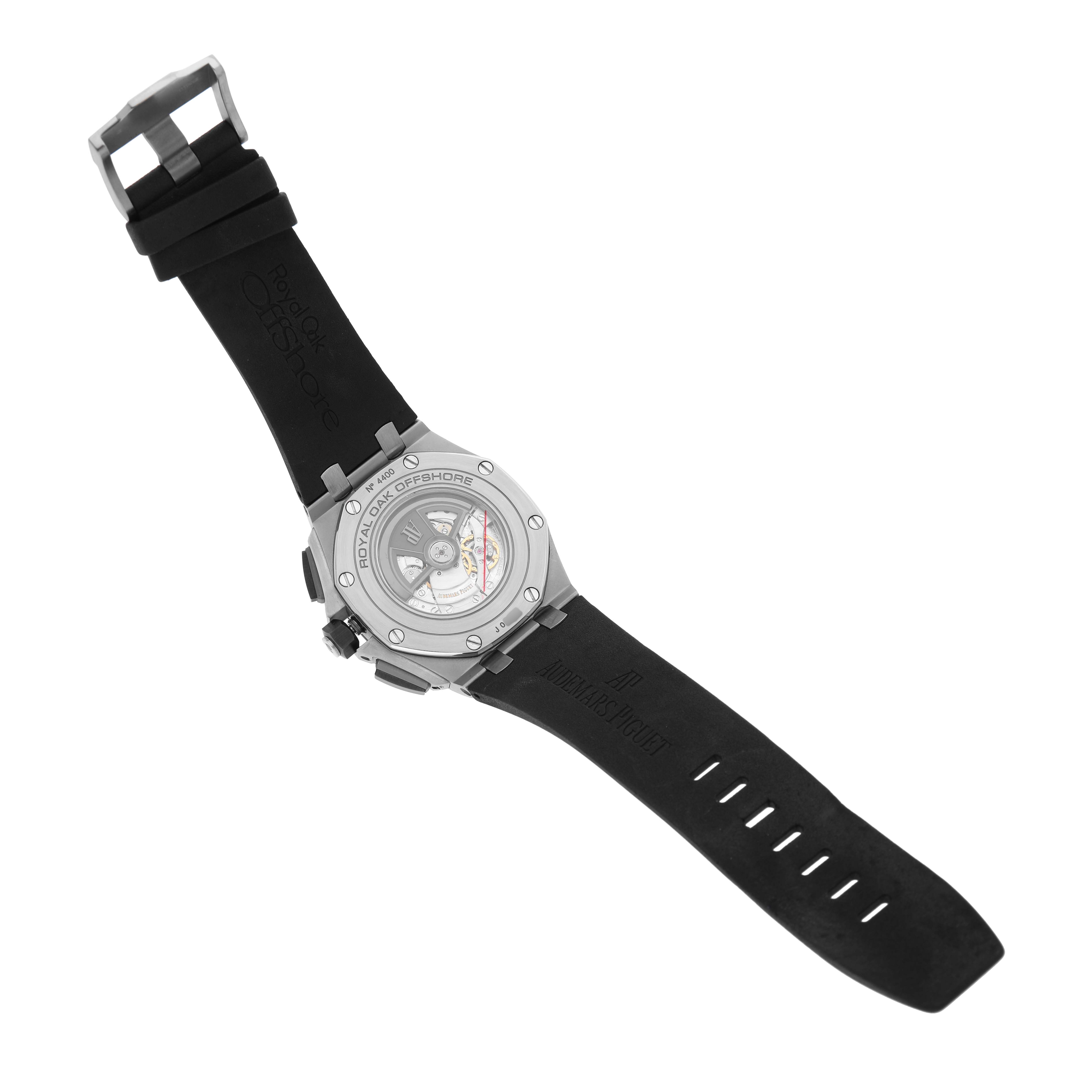 The image shows the back view of an Audemars Piguet Royal Oak Offshore 26400SO.OO.A002CA.01 Men's Stainless Steel Silver Dial watch, highlighting the case back and strap.