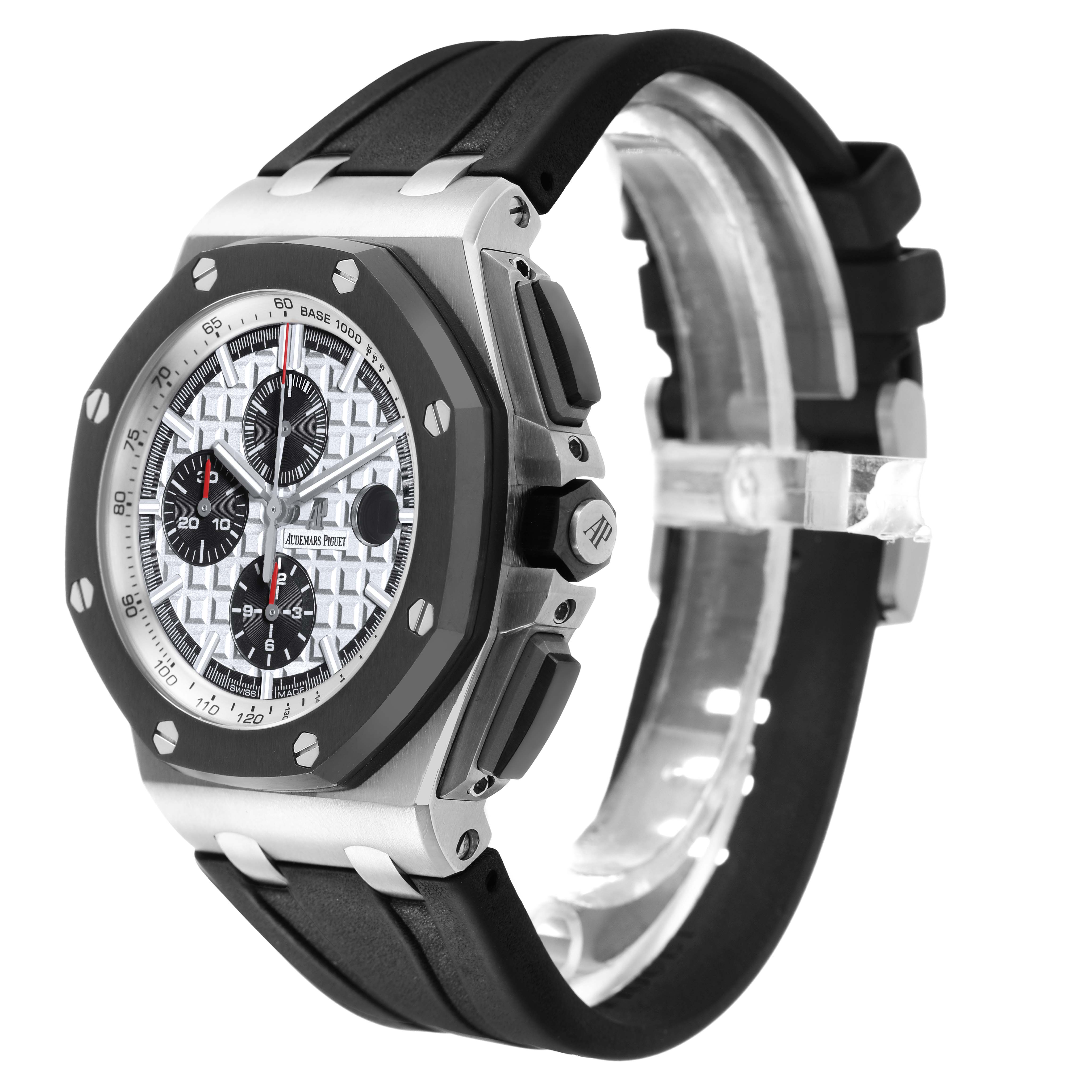 The Audemars Piguet Royal Oak Offshore 26400SO.OO.A002CA.01 Men's Stainless Steel Silver Dial is shown at a slight angle, highlighting the case, bezel, and chronograph dials.