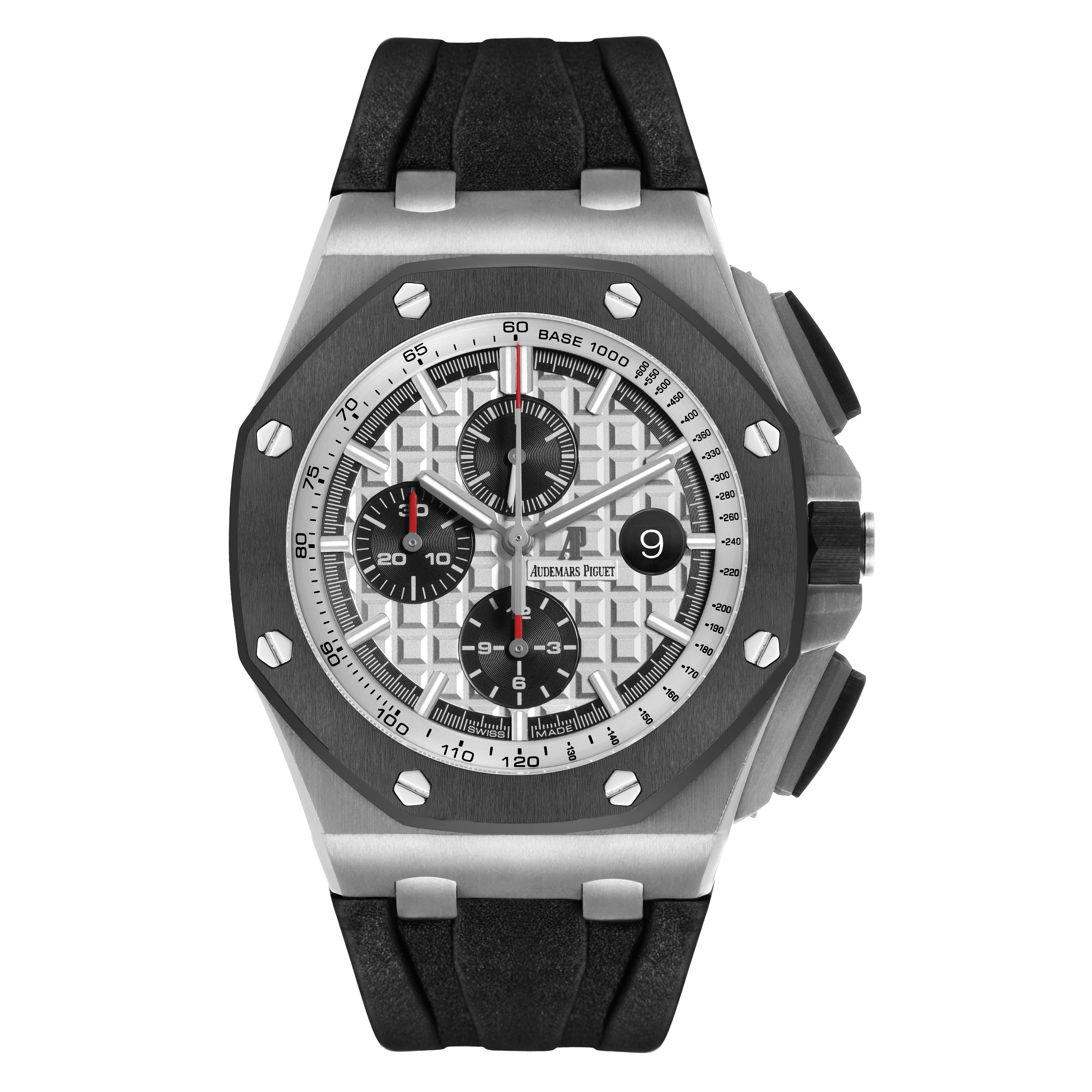 The Audemars Piguet Royal Oak Offshore 26400SO.OO.A002CA.01 Men's Stainless Steel Silver Dial watch is shown from the front with a focus on the dial and bezel.