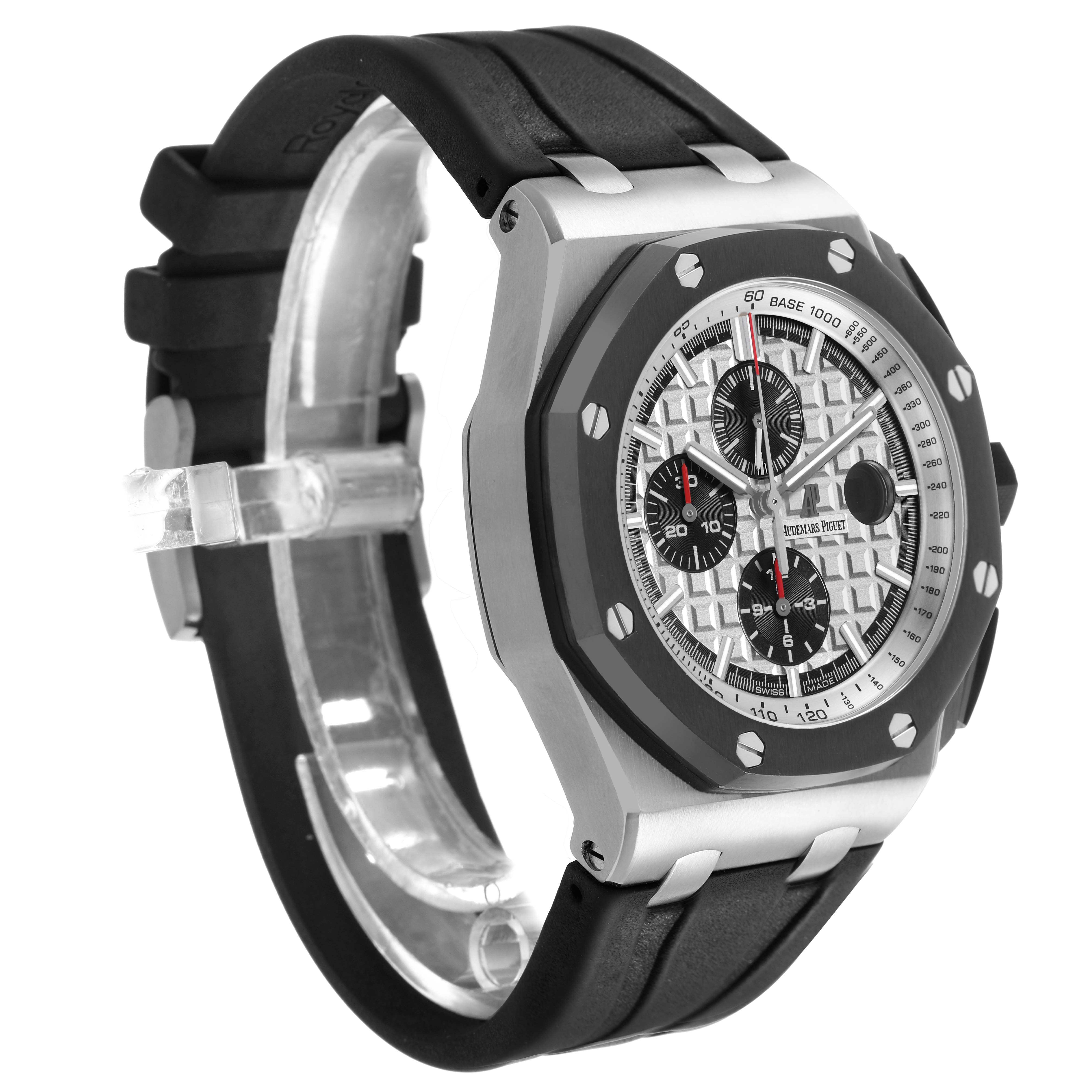 The Audemars Piguet Royal Oak Offshore 26400SO.OO.A002CA.01 Men's Stainless Steel Silver Dial watch is shown at a three-quarter angle highlighting the face, bezel, and rubber strap.