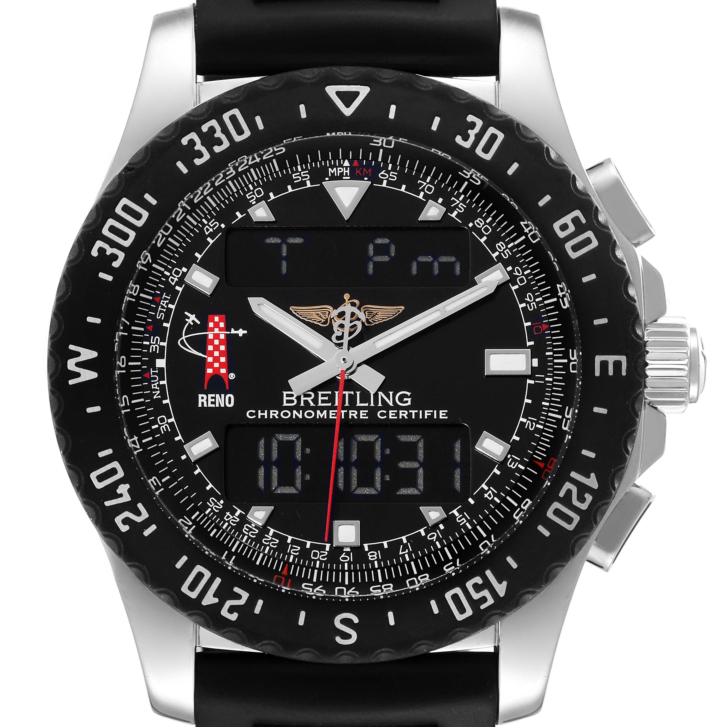 The image shows a frontal view of the Breitling Professional Series A78364 Men's Stainless Steel Black Dial A78364 Men's Stainless Steel Black Dial watch, displaying its bezel, dial, hands, and digital screens.