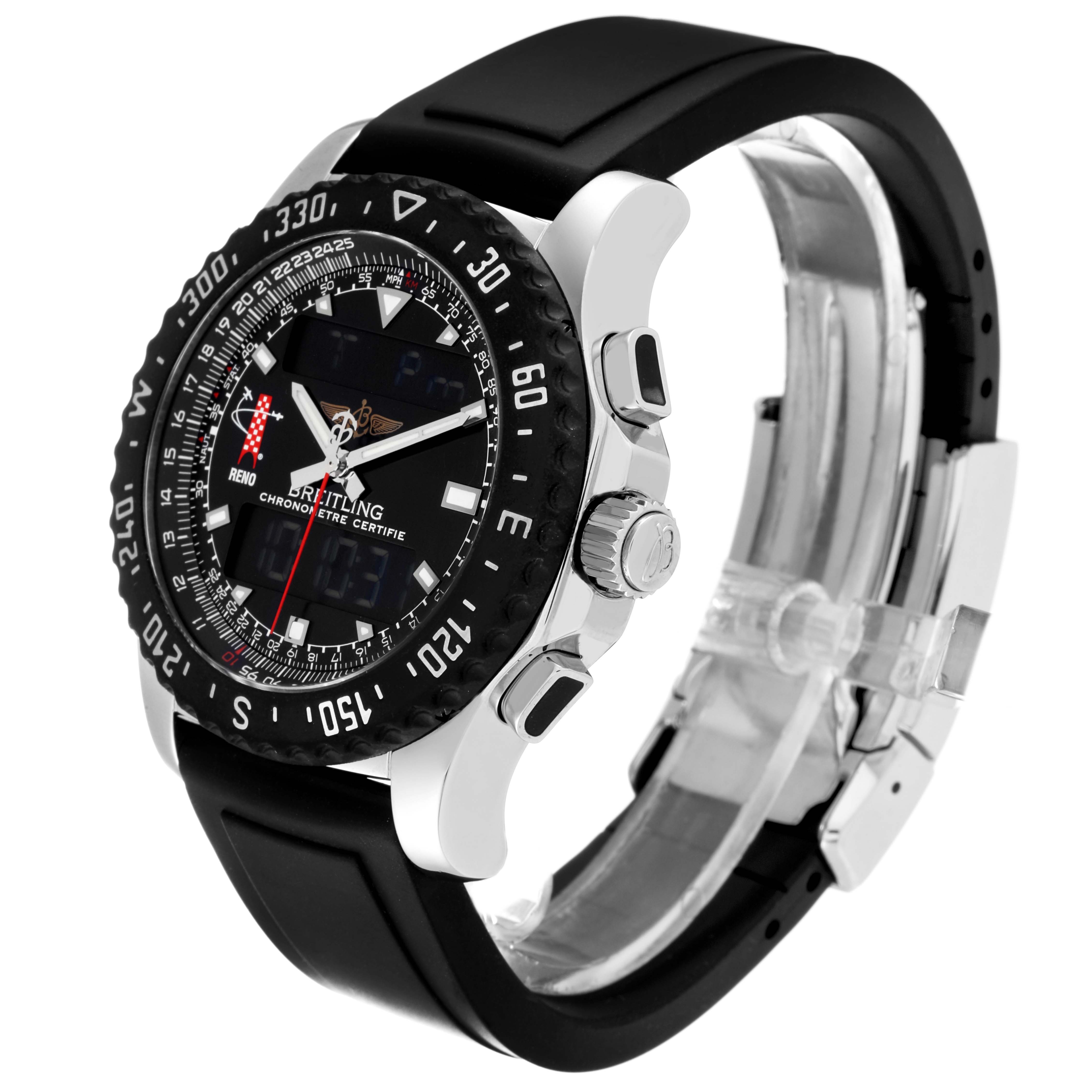 The image shows a close-up angle of a Breitling Professional Series A78364 Men's Stainless Steel Black Dial A78364 Men's Stainless Steel Black Dial watch, featuring the face, bezel, crown, and black strap.