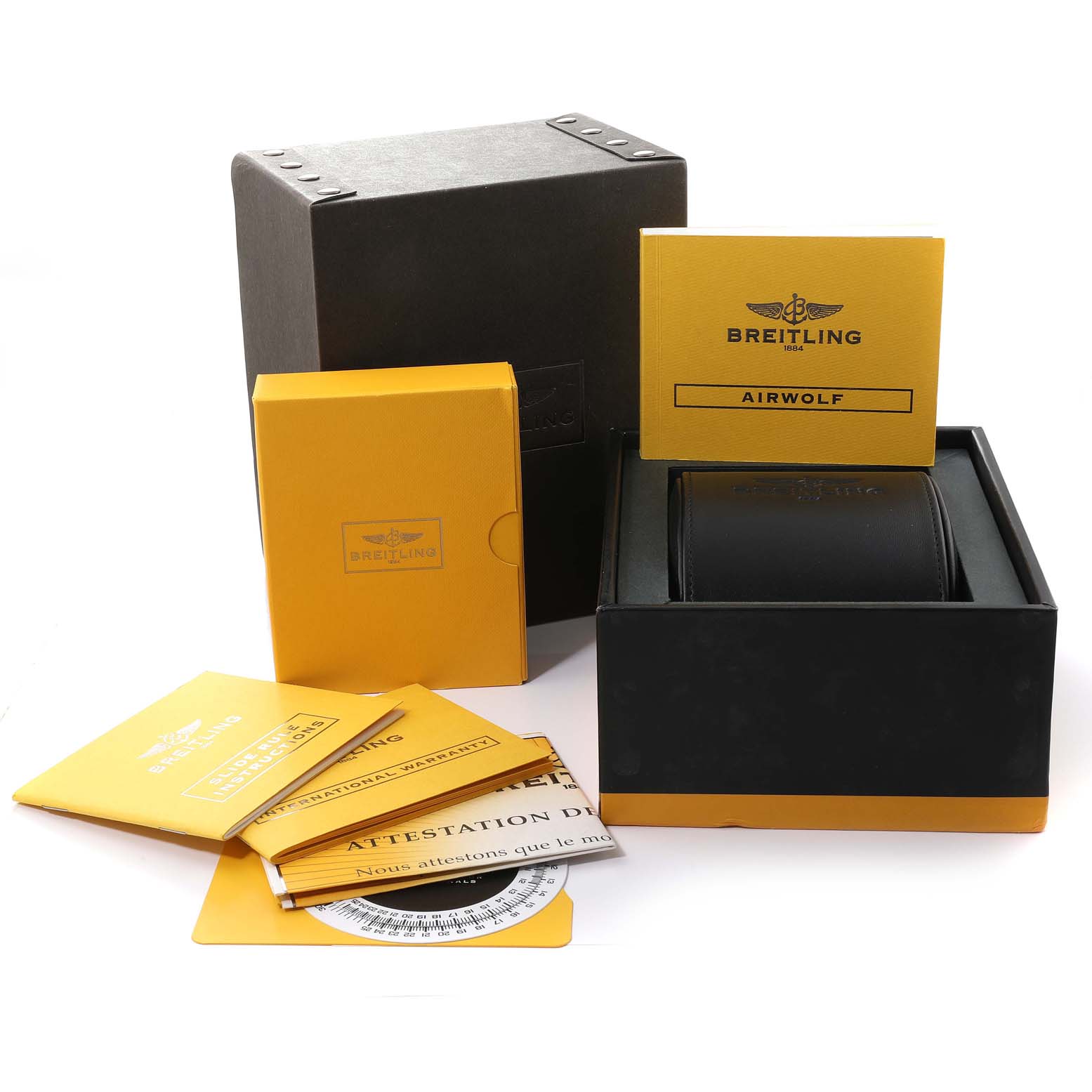 The image shows the packaging, manuals, and box for the Breitling Professional Series A78364 Men's Stainless Steel Black Dial A78364 Men's Stainless Steel Black Dial Airwolf model.