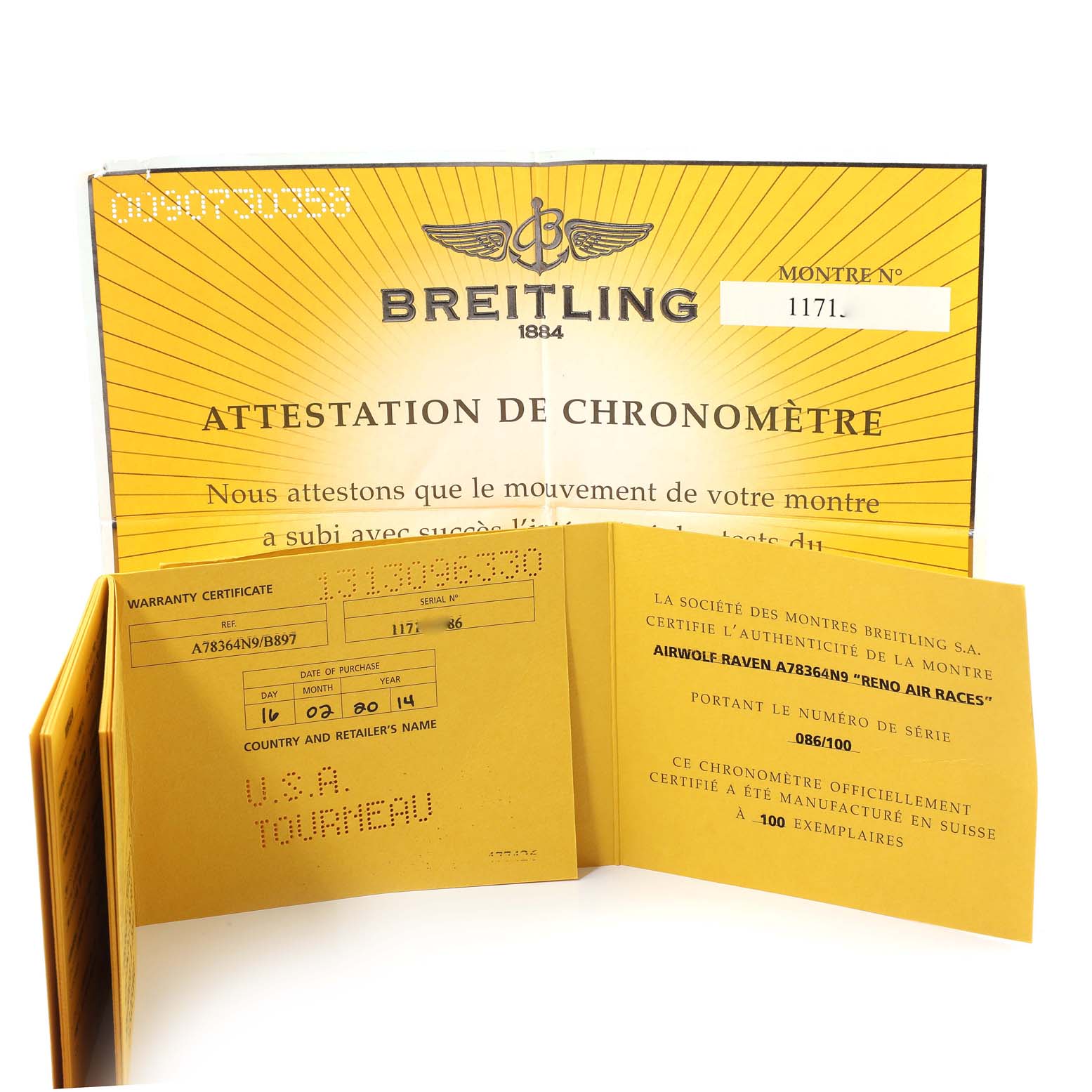 The image shows a warranty certificate and chronometer attestation for the Breitling Professional Series A78364 Men's Stainless Steel Black Dial A78364 Men's Stainless Steel Black Dial model.