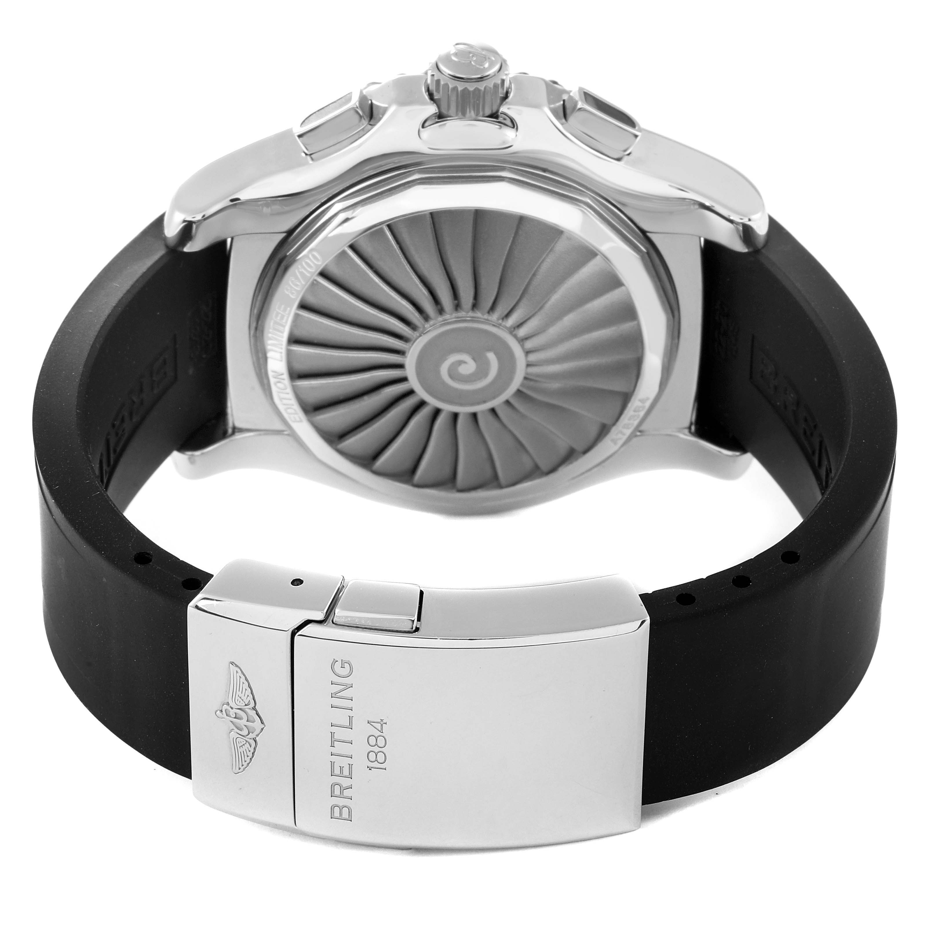 The image shows the back and clasp of a Breitling Professional Series A78364 Men's Stainless Steel Black Dial A78364 Men's Stainless Steel Black Dial watch, with a close-up of the case back and the branded clasp.