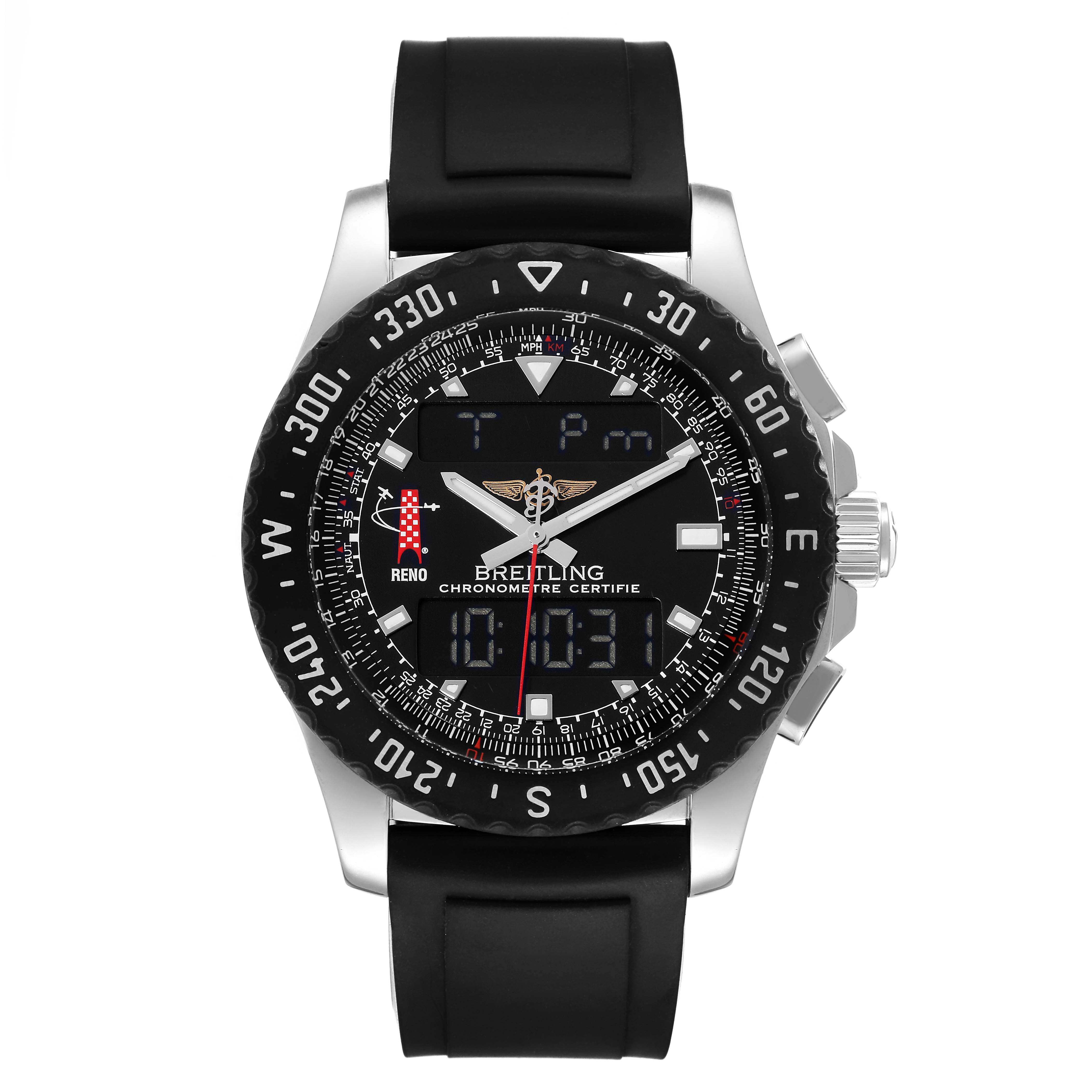 The image shows the front view of a Breitling Professional Series A78364 Men's Stainless Steel Black Dial A78364 Men's Stainless Steel Black Dial watch with a black bezel and strap, and multiple digital displays.
