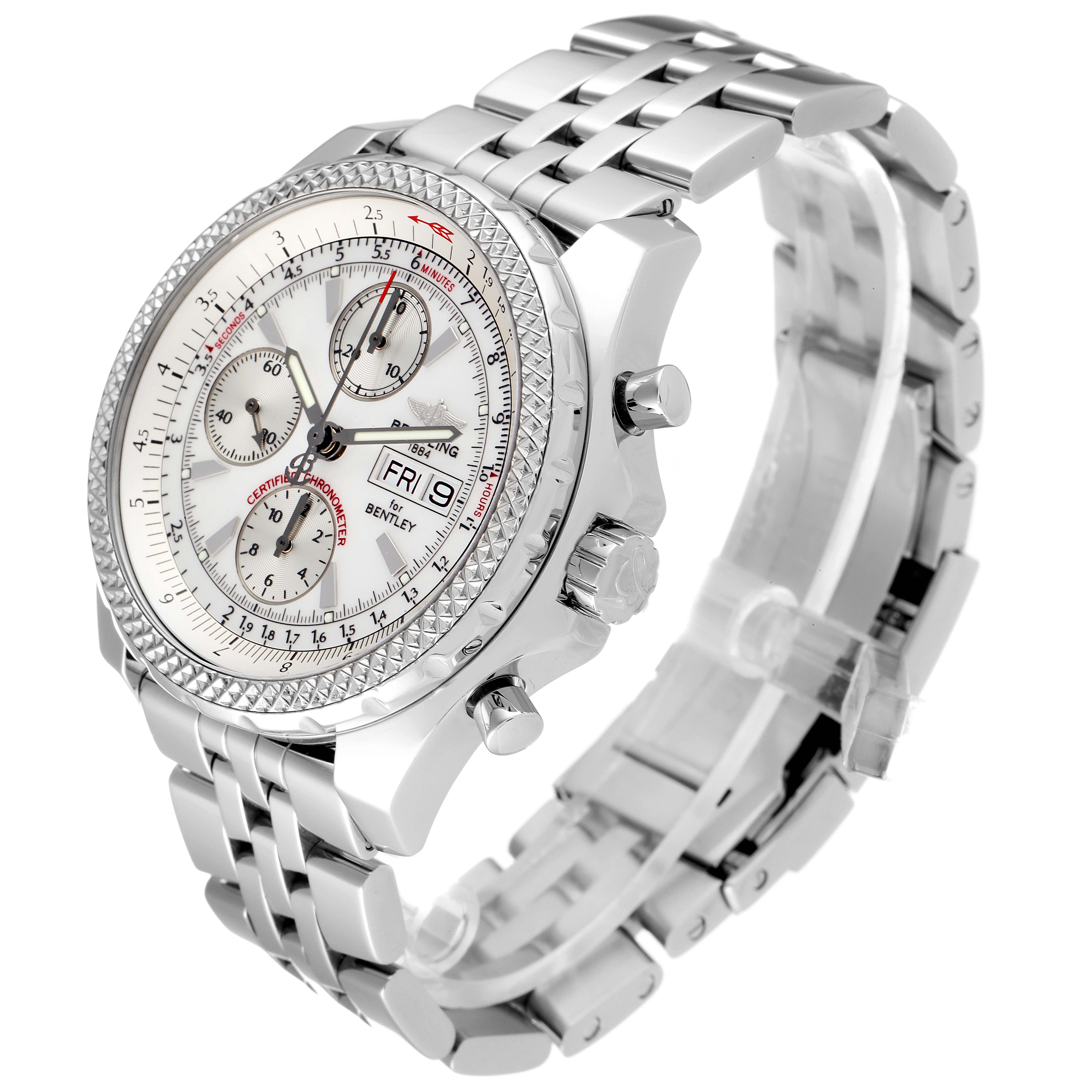 The Breitling Bentley A13362 Men's Stainless Steel Silver Dial A13362 Men's Stainless Steel Silver Dial watch is shown from an angled perspective highlighting its face, bezel, and metal bracelet.