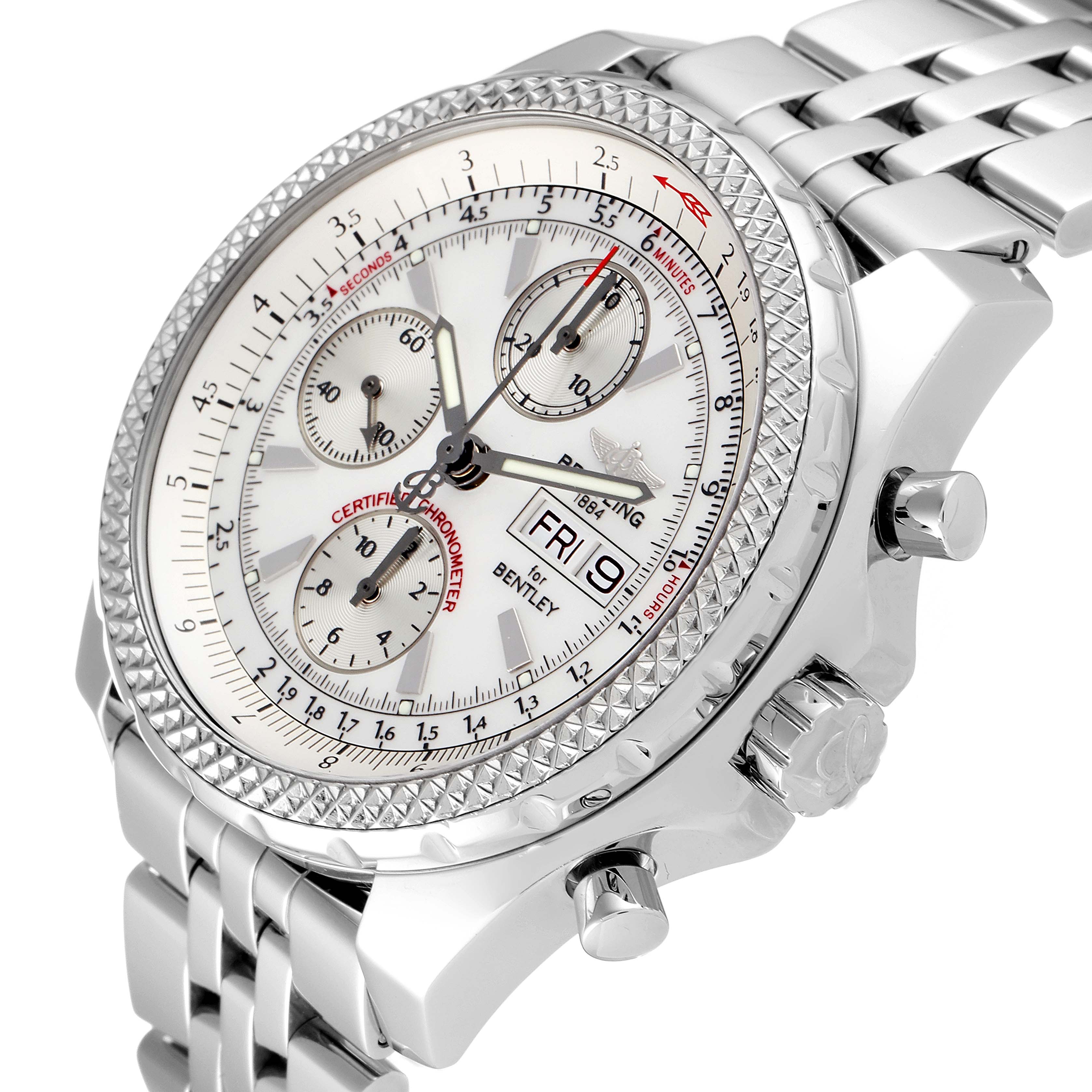 The image shows a Bentley model by Breitling from an angled side view, highlighting the face, crown, and part of the bracelet.