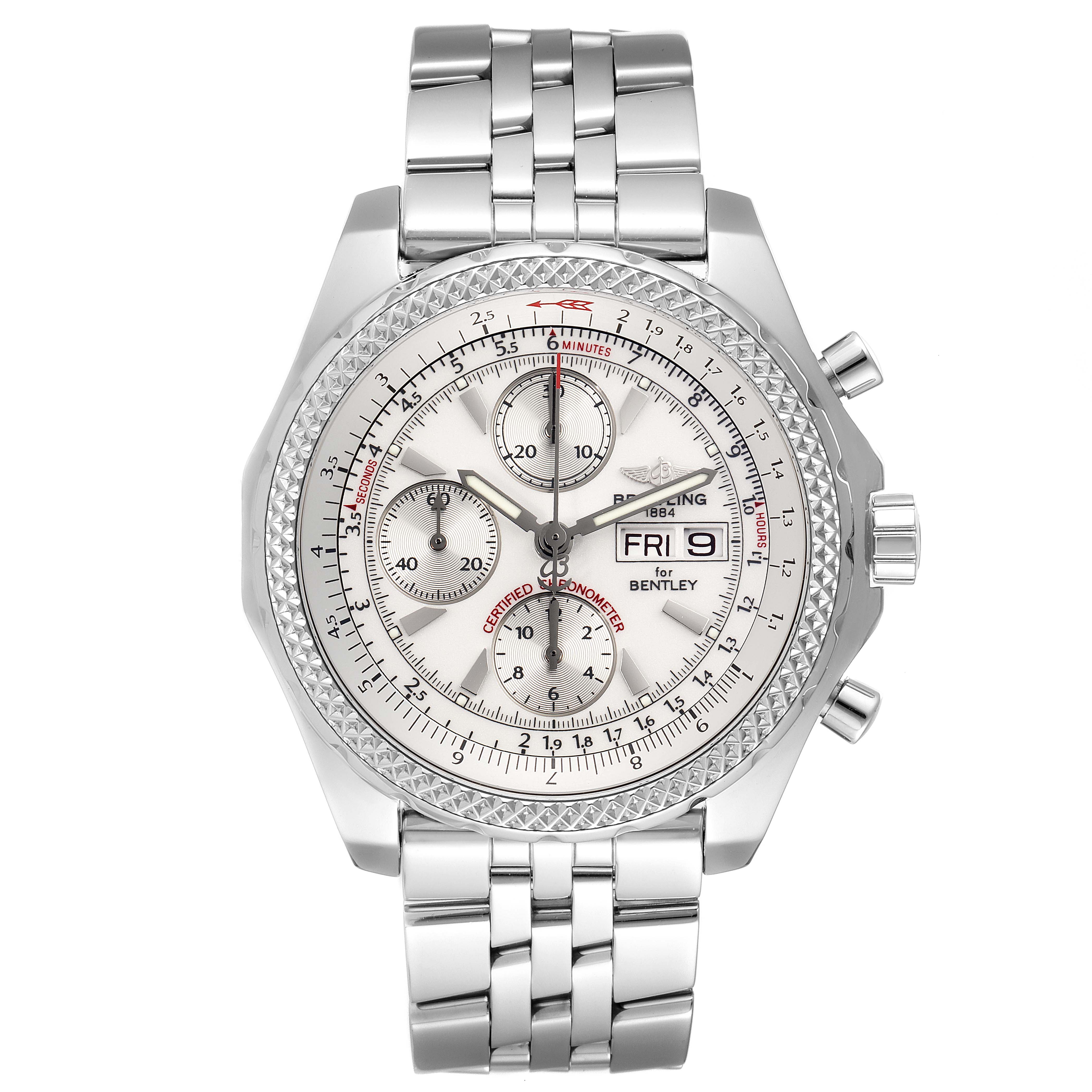 The image shows a front view of the Breitling Bentley A13362 Men's Stainless Steel Silver Dial A13362 Men's Stainless Steel Silver Dial model watch, highlighting its face, dials, and stainless steel band.