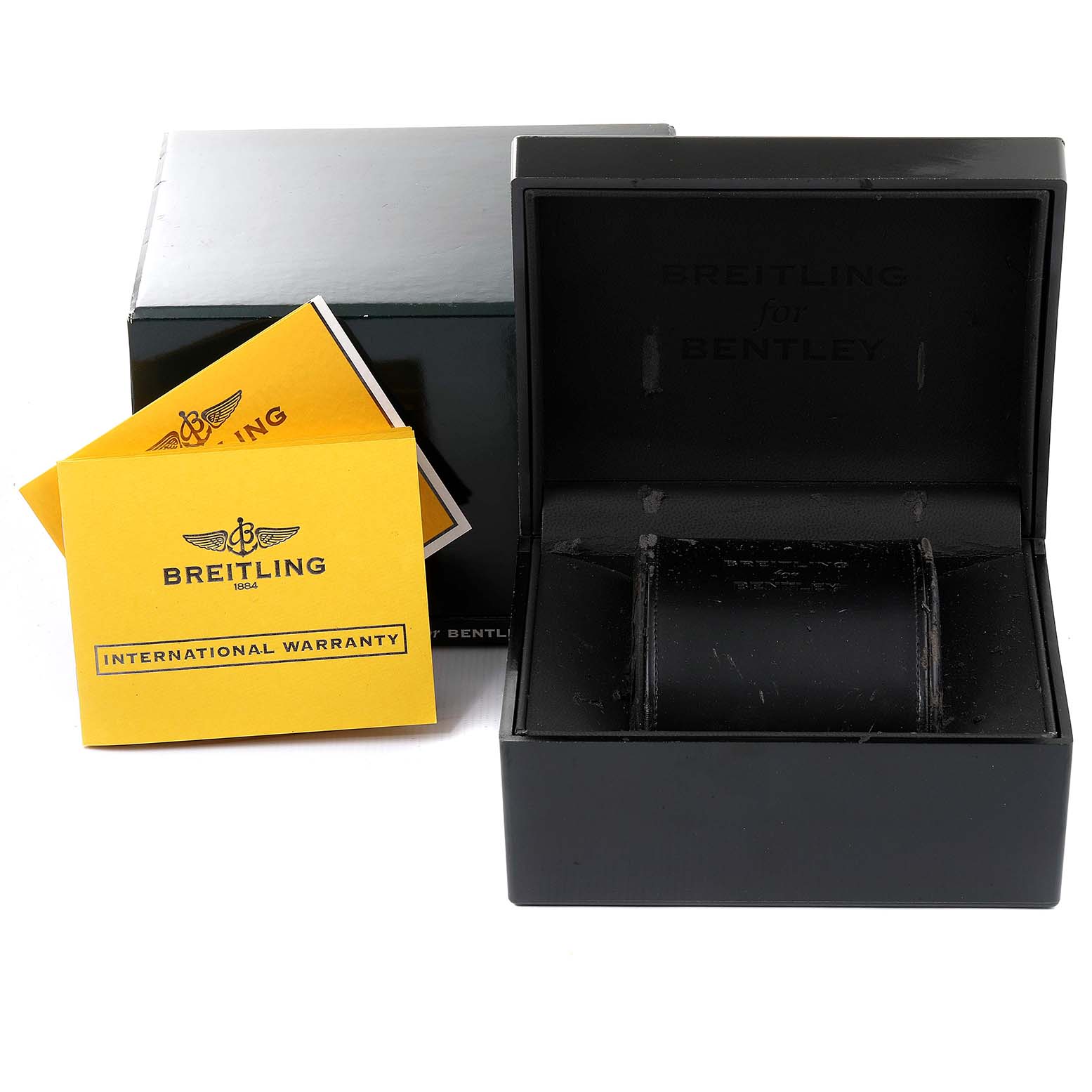 The image shows a Breitling Bentley A13362 Men's Stainless Steel Silver Dial A13362 Men's Stainless Steel Silver Dial watch box, its international warranty card, and outer packaging from a front angle.