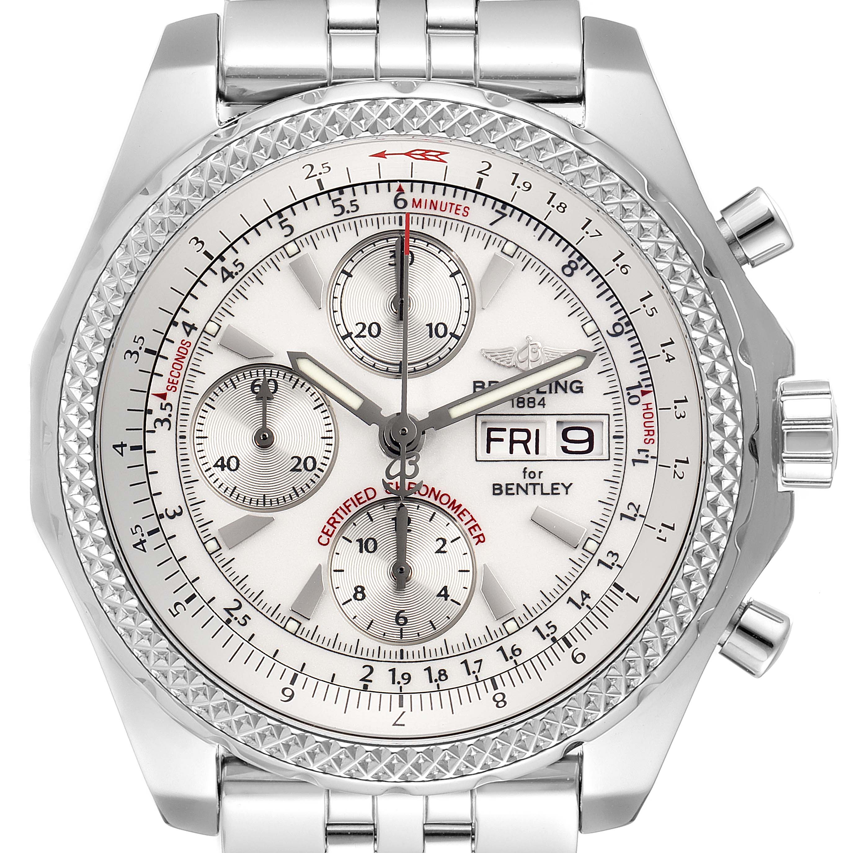 This is a front view of the Breitling Bentley A13362 Men's Stainless Steel Silver Dial A13362 Men's Stainless Steel Silver Dial watch, showcasing the face, bezel, pushers, and part of the metal bracelet.
