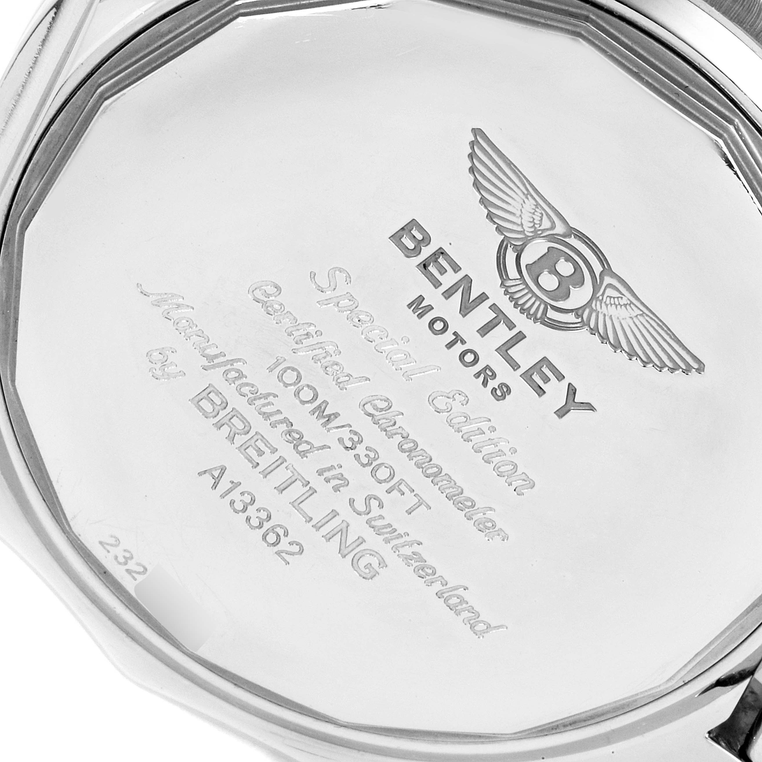 The image shows the back case of a Bentley model by Breitling, highlighting its engravings and details.