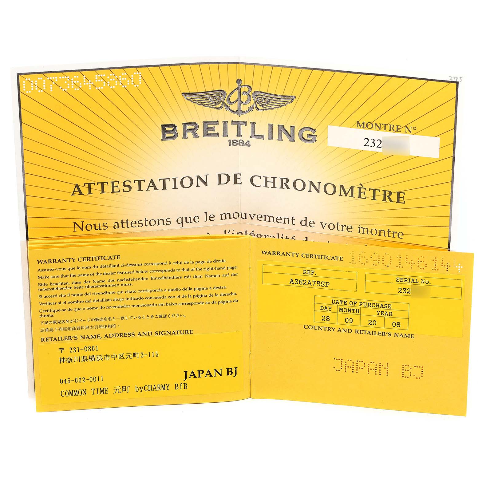 The image shows the warranty certificate and chronometer attestation for a Breitling Bentley A13362 Men's Stainless Steel Silver Dial A13362 Men's Stainless Steel Silver Dial model watch.