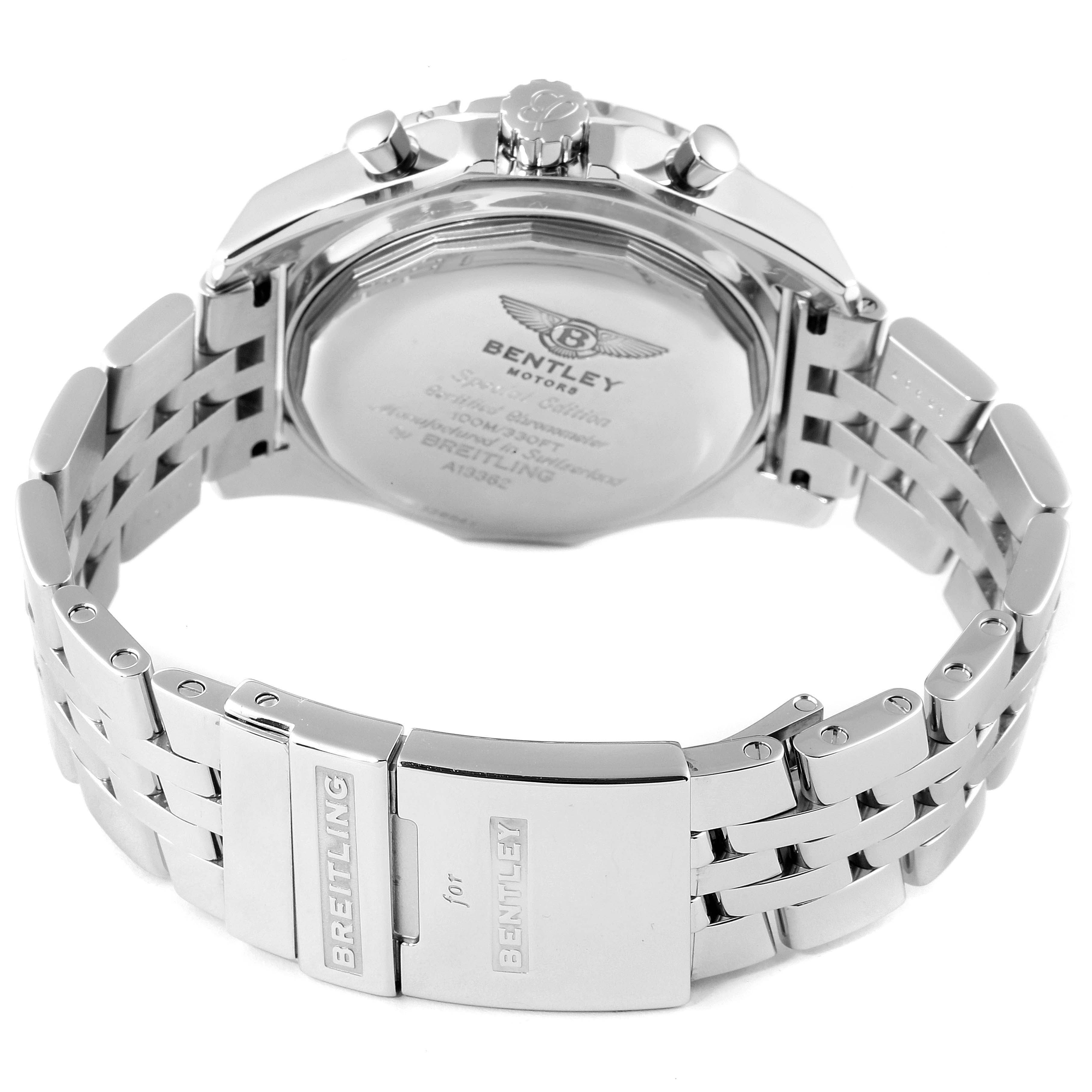 The image shows the back view of the Bentley model by Breitling, highlighting the clasp, case back, and part of the bracelet.