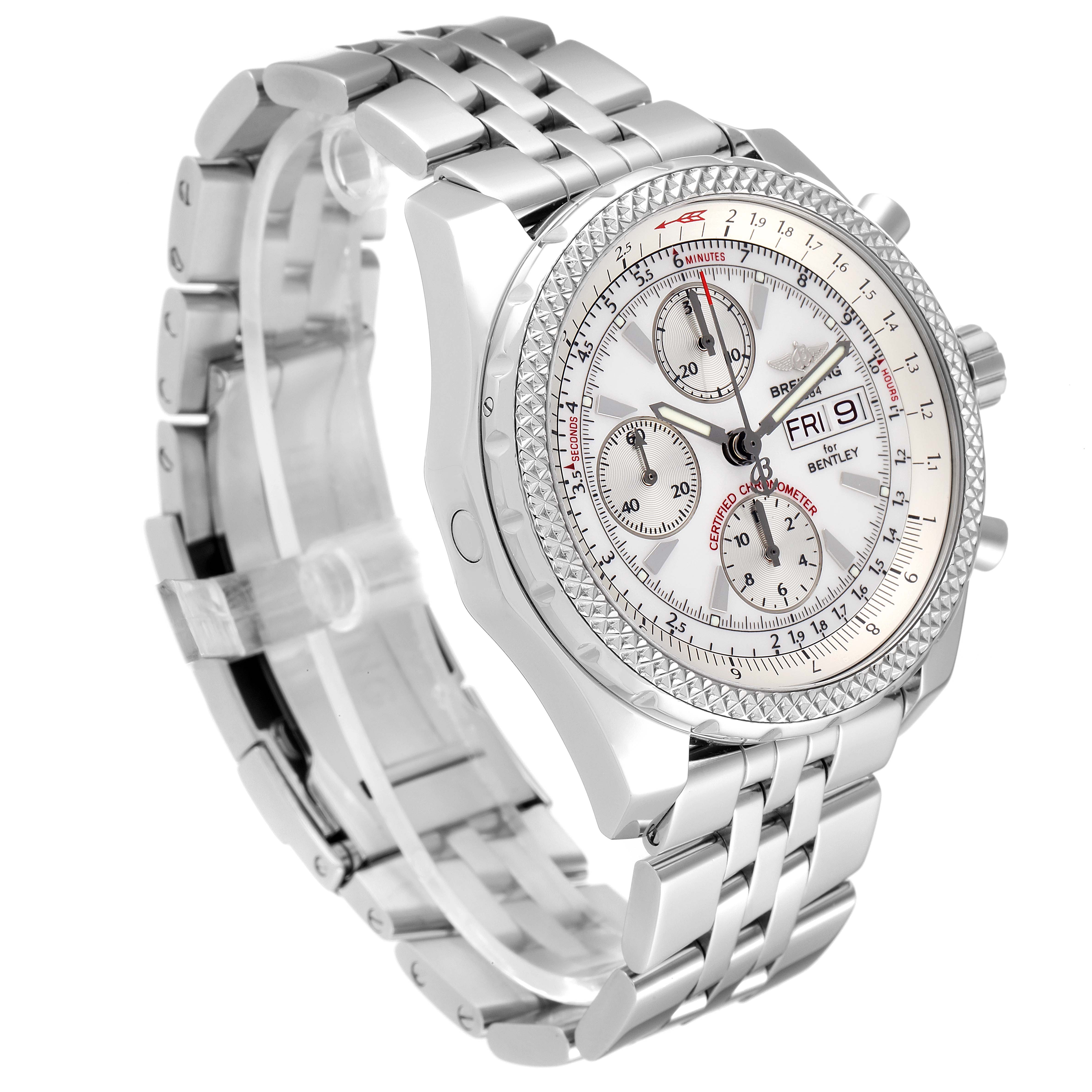 This image shows the Breitling Bentley A13362 Men's Stainless Steel Silver Dial A13362 Men's Stainless Steel Silver Dial model watch at a three-quarter angle, highlighting the watch face, bracelet, and side chronograph buttons.