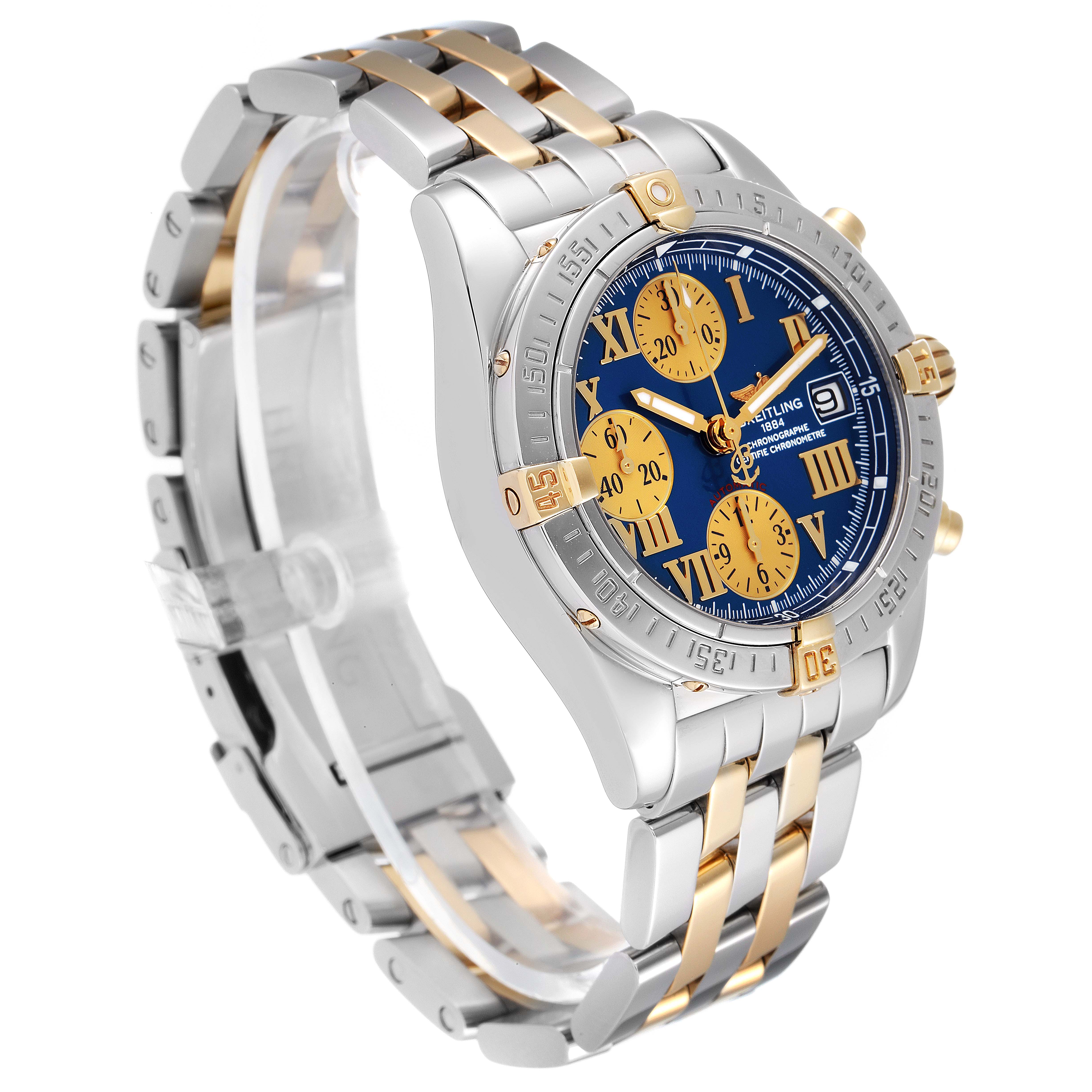 The image shows a Breitling Professional Series B13358 Men's Steel and Gold (two tone) Blue Dial B13358 Men's Steel and Gold (two tone) Blue Dial watch at an angled side view displaying the band, face, and clasp.