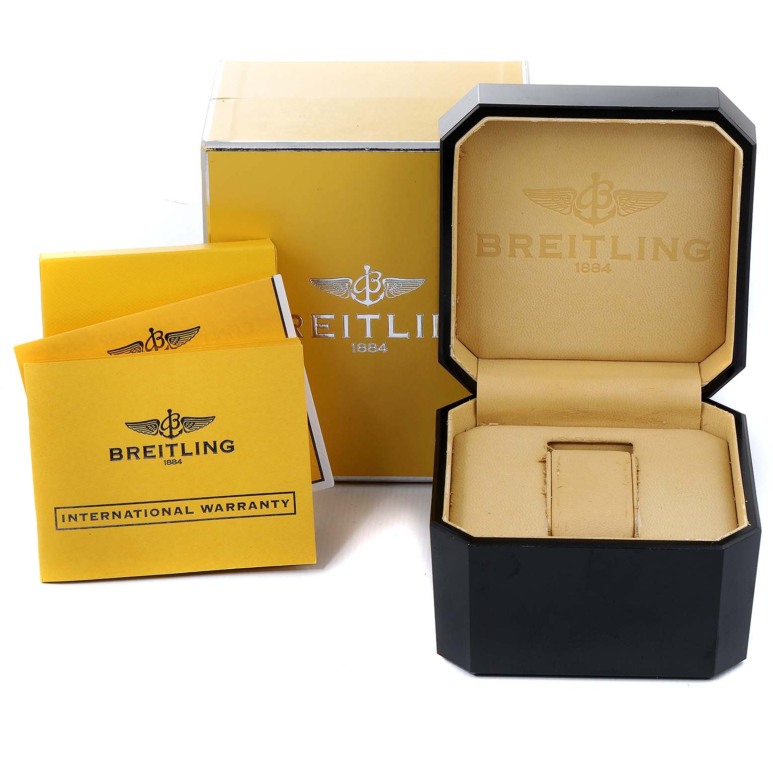 The image shows the packaging and accessories for the Breitling Professional Series B13358 Men's Steel and Gold (two tone) Blue Dial B13358 Men's Steel and Gold (two tone) Blue Dial watch, including the box, case, and warranty booklets.