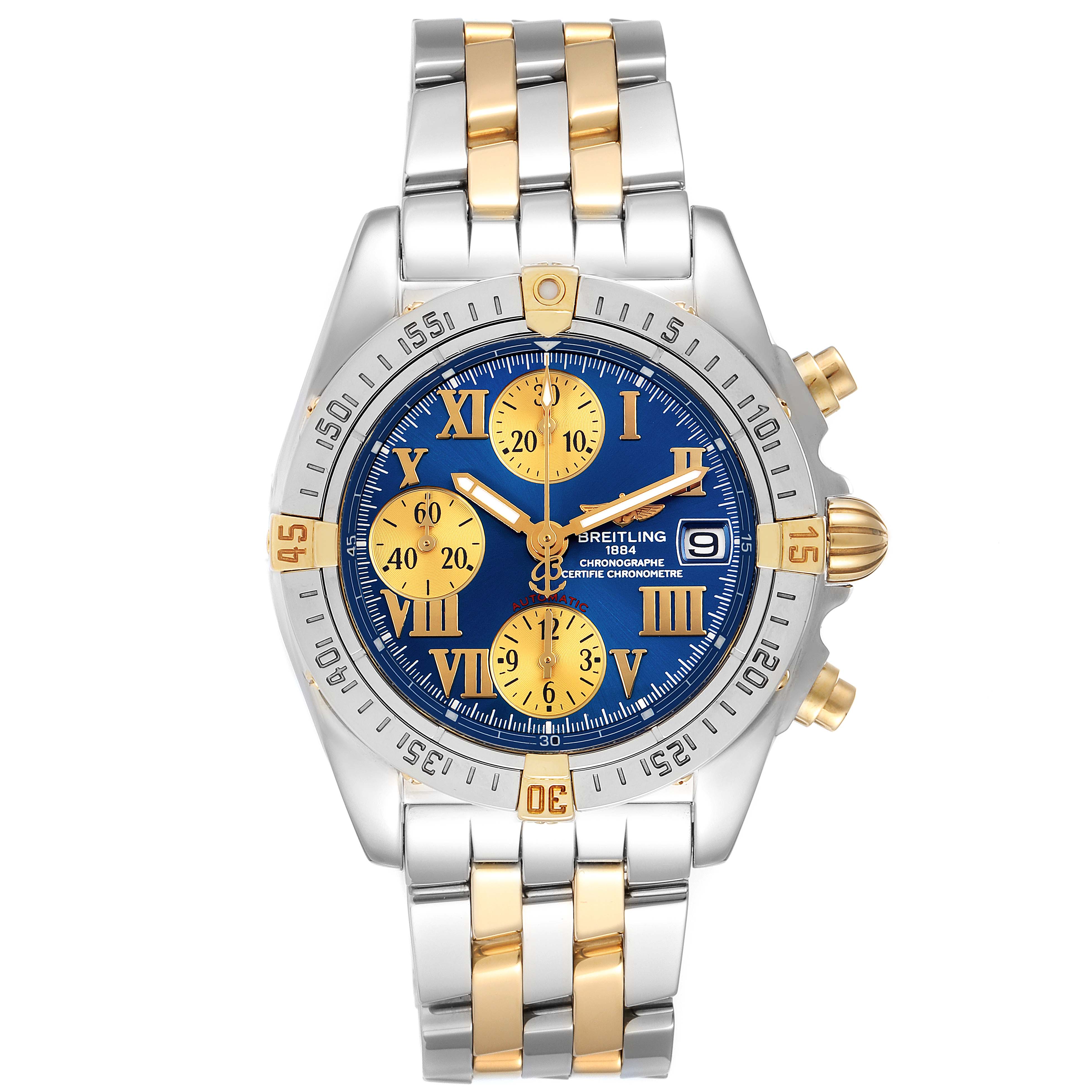 The Breitling Professional Series B13358 Men's Steel and Gold (two tone) Blue Dial B13358 Men's Steel and Gold (two tone) Blue Dial watch is shown from a front angle, displaying its face, bezel, crown, and two-tone bracelet.