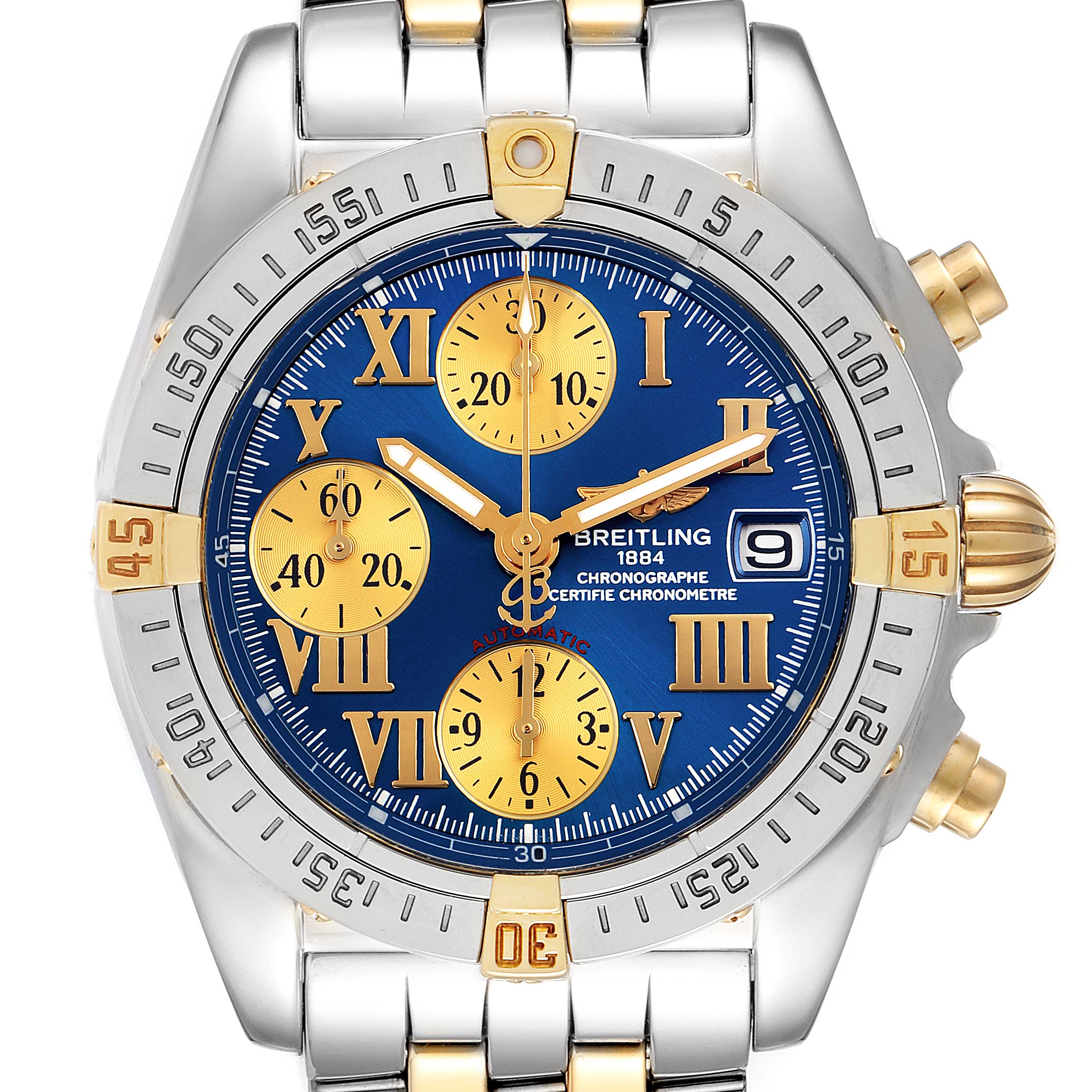 The image shows a front view of the Breitling Professional Series B13358 Men's Steel and Gold (two tone) Blue Dial B13358 Men's Steel and Gold (two tone) Blue Dial watch with a blue and gold dial, Roman numerals, and a metal bracelet.