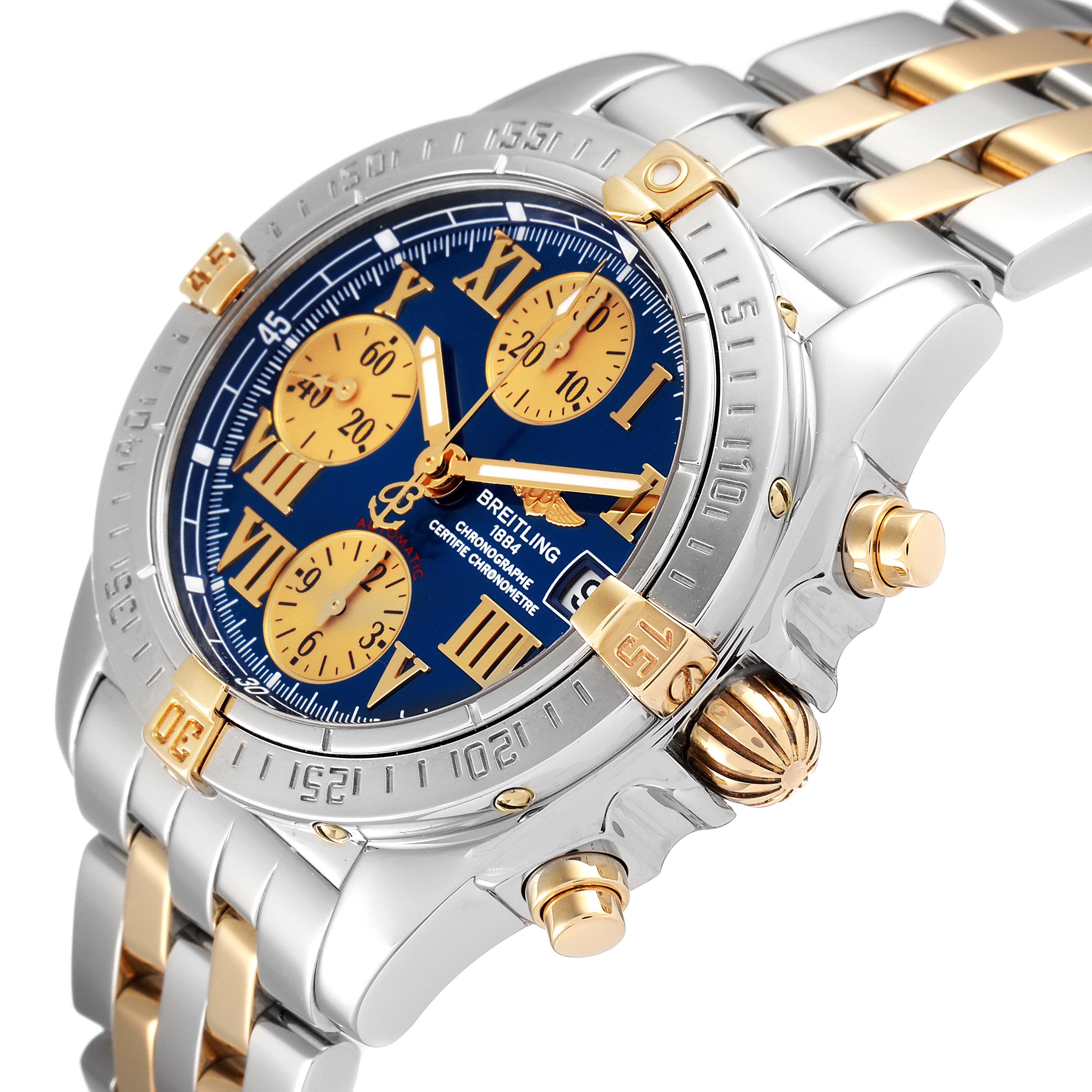 The Breitling Professional Series B13358 Men's Steel and Gold (two tone) Blue Dial B13358 Men's Steel and Gold (two tone) Blue Dial watch is shown at an angled close-up, highlighting its face, bezel, buttons, and bracelet.