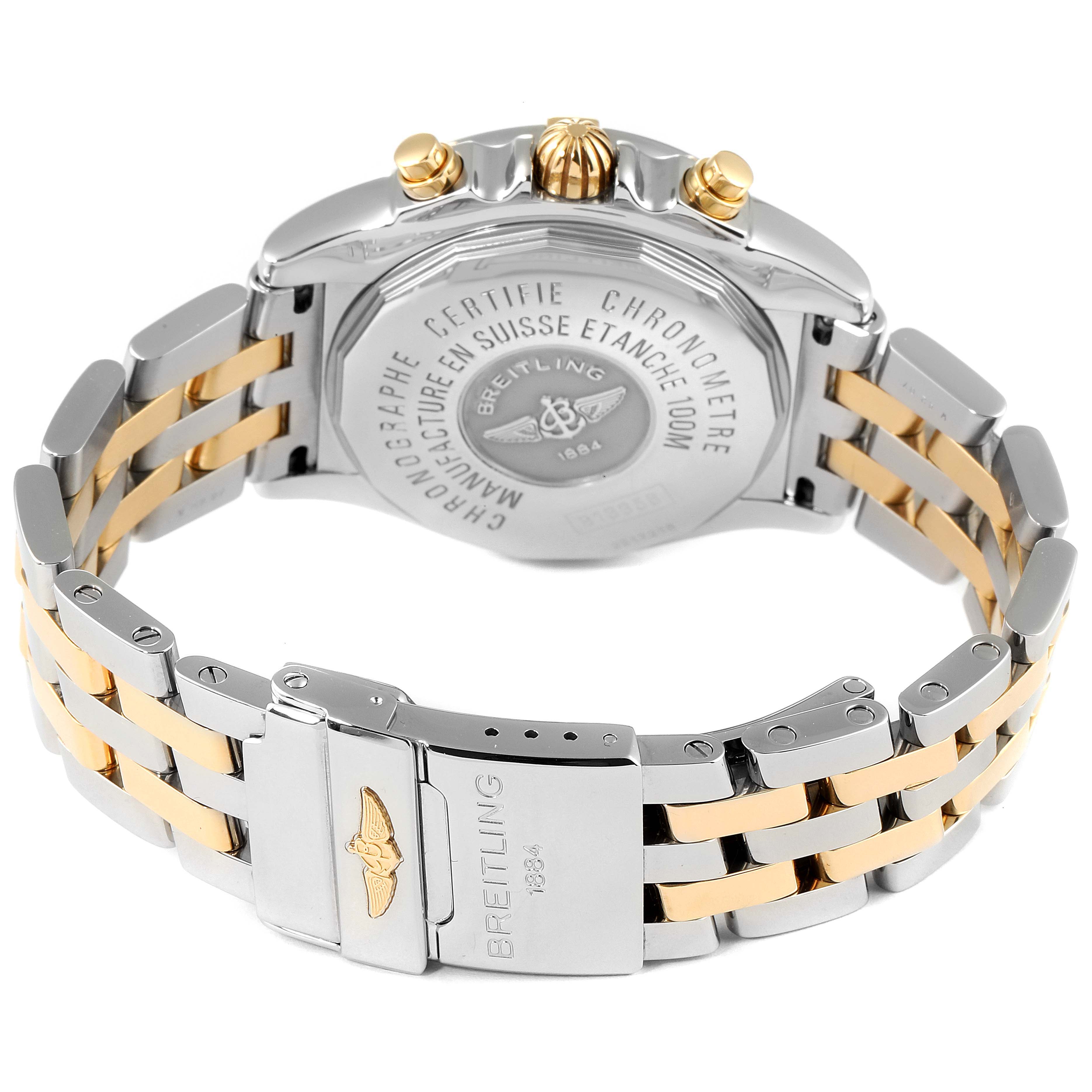 The image shows the back view of a Breitling Professional Series B13358 Men's Steel and Gold (two tone) Blue Dial B13358 Men's Steel and Gold (two tone) Blue Dial watch, highlighting the case back, crown, pushers, and two-tone bracelet with clasp.