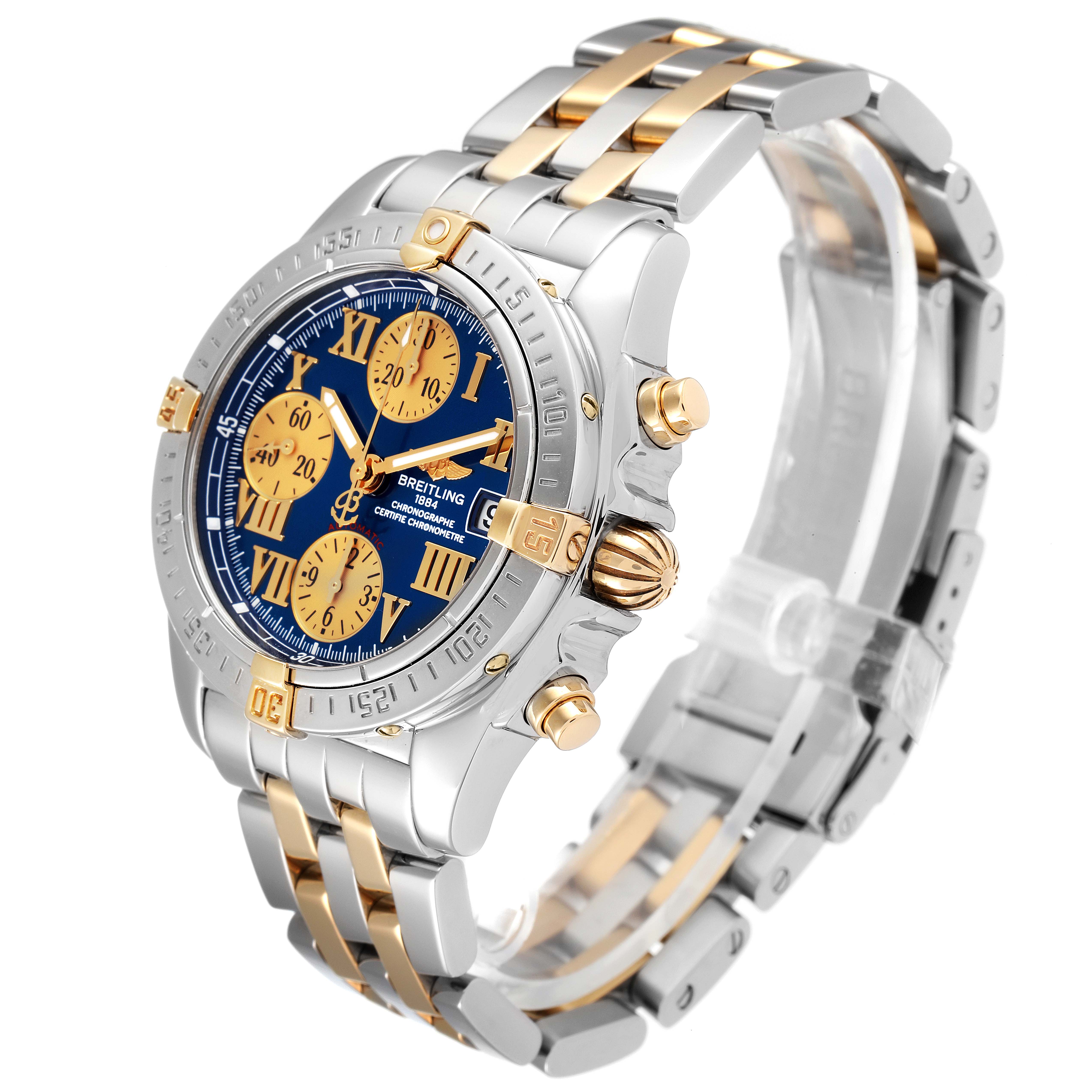 The Breitling Professional Series B13358 Men's Steel and Gold (two tone) Blue Dial B13358 Men's Steel and Gold (two tone) Blue Dial watch is shown at a three-quarter angle, highlighting its blue dial, gold accents, and two-tone bracelet.