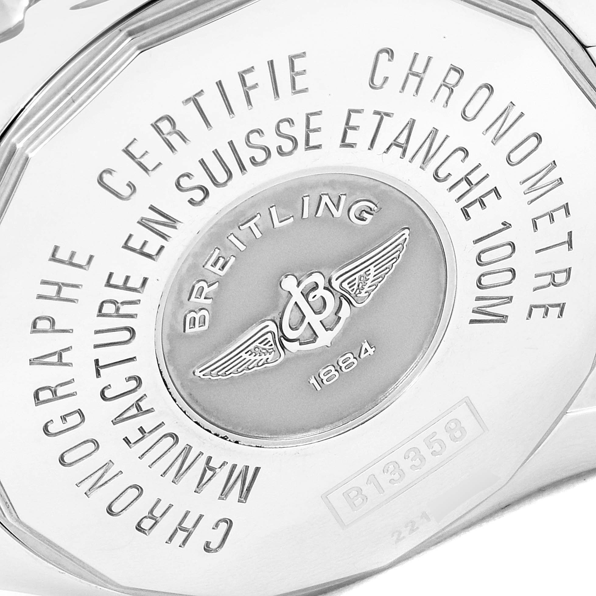 The image shows the back case of a Breitling Professional Series B13358 Men's Steel and Gold (two tone) Blue Dial B13358 Men's Steel and Gold (two tone) Blue Dial watch, highlighting engravings and the brand's logo.