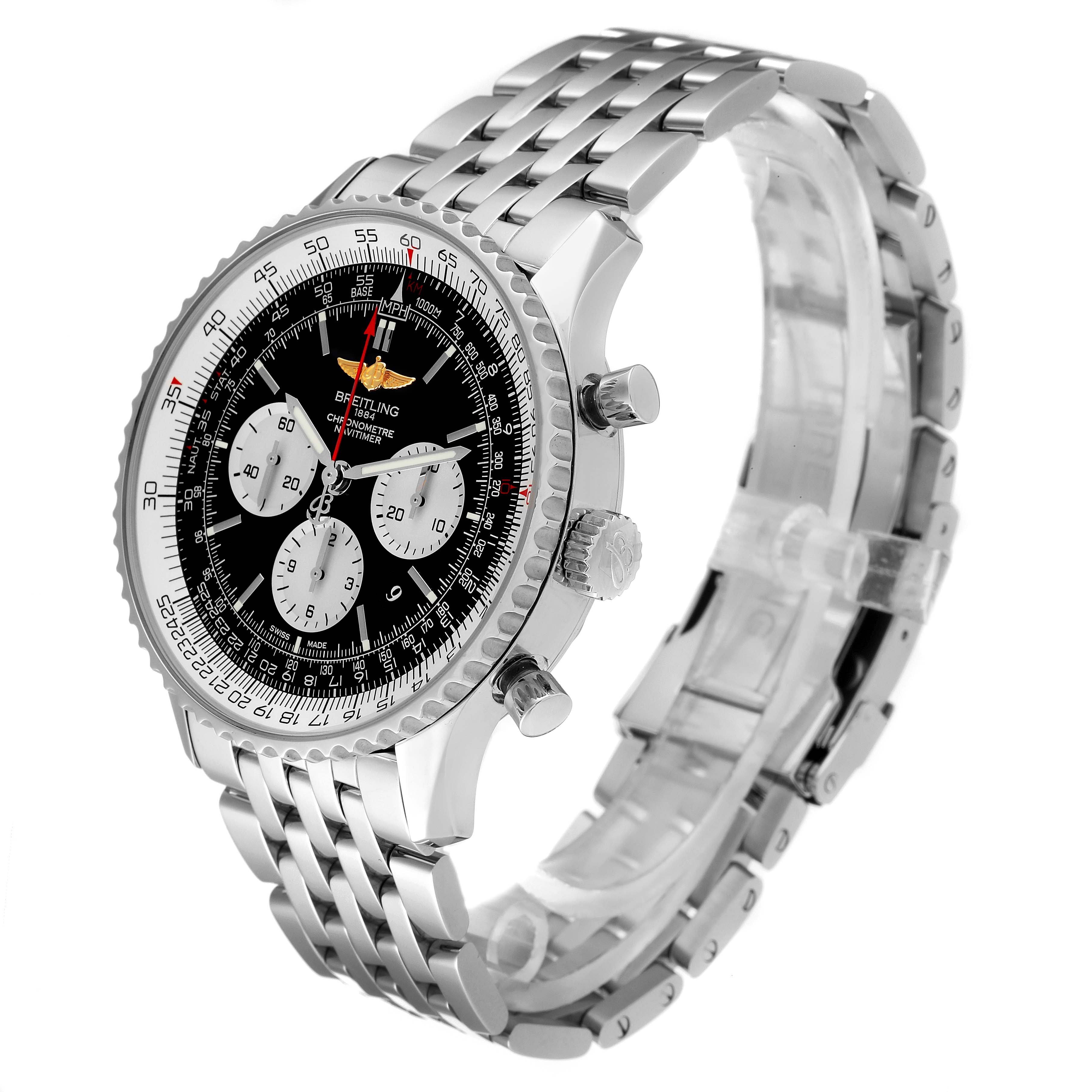 The image shows the Breitling Navitimer AB0127-211-B1A1 Men's Stainless Steel Black Dial AB0127-211-B1A1 Men's Stainless Steel Black Dial watch at a three-quarter angle highlighting the dial, bezel, pushers, and bracelet.