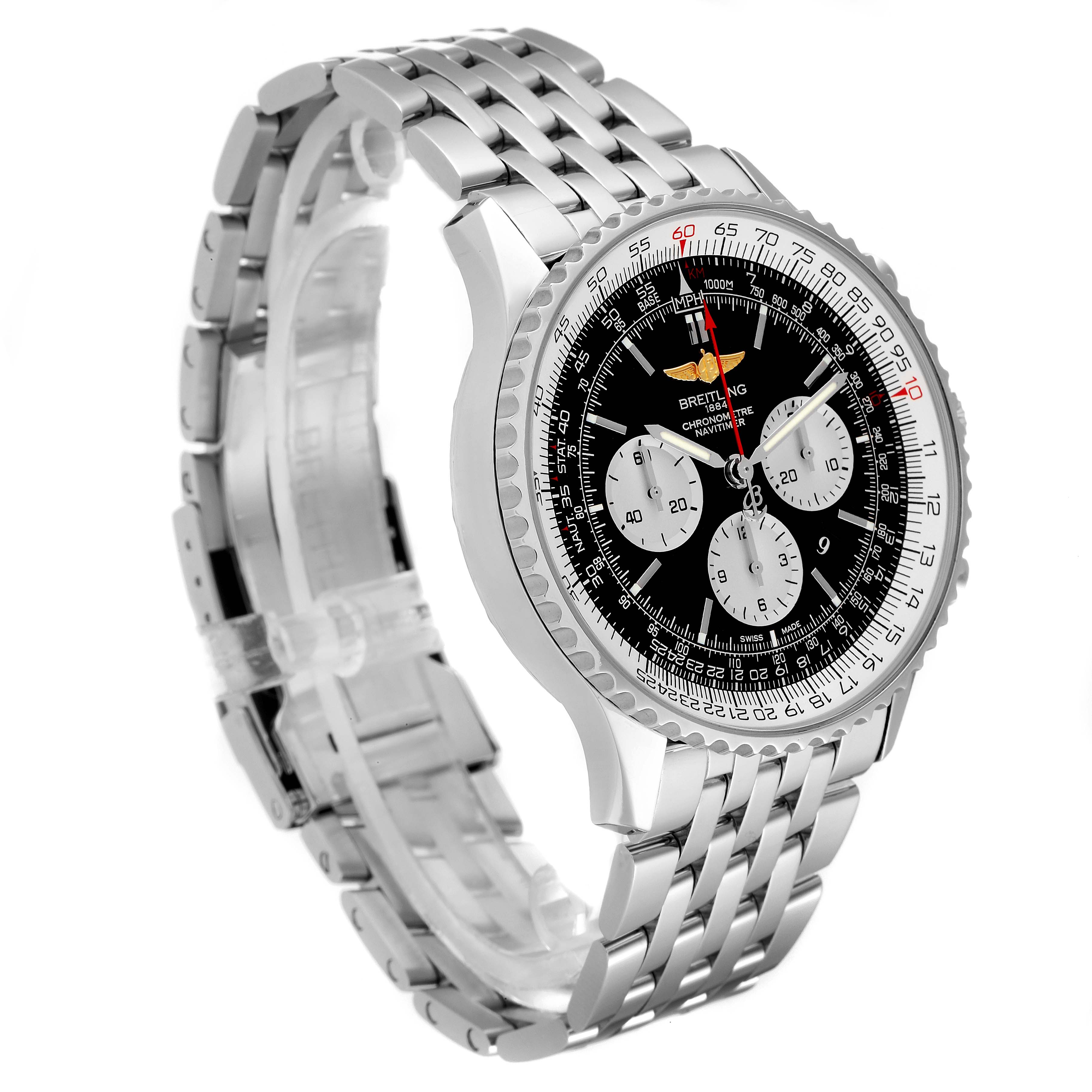 This image shows a Breitling Navitimer AB0127-211-B1A1 Men's Stainless Steel Black Dial AB0127-211-B1A1 Men's Stainless Steel Black Dial watch angled from the front-left, highlighting its bracelet, bezel, and dial.