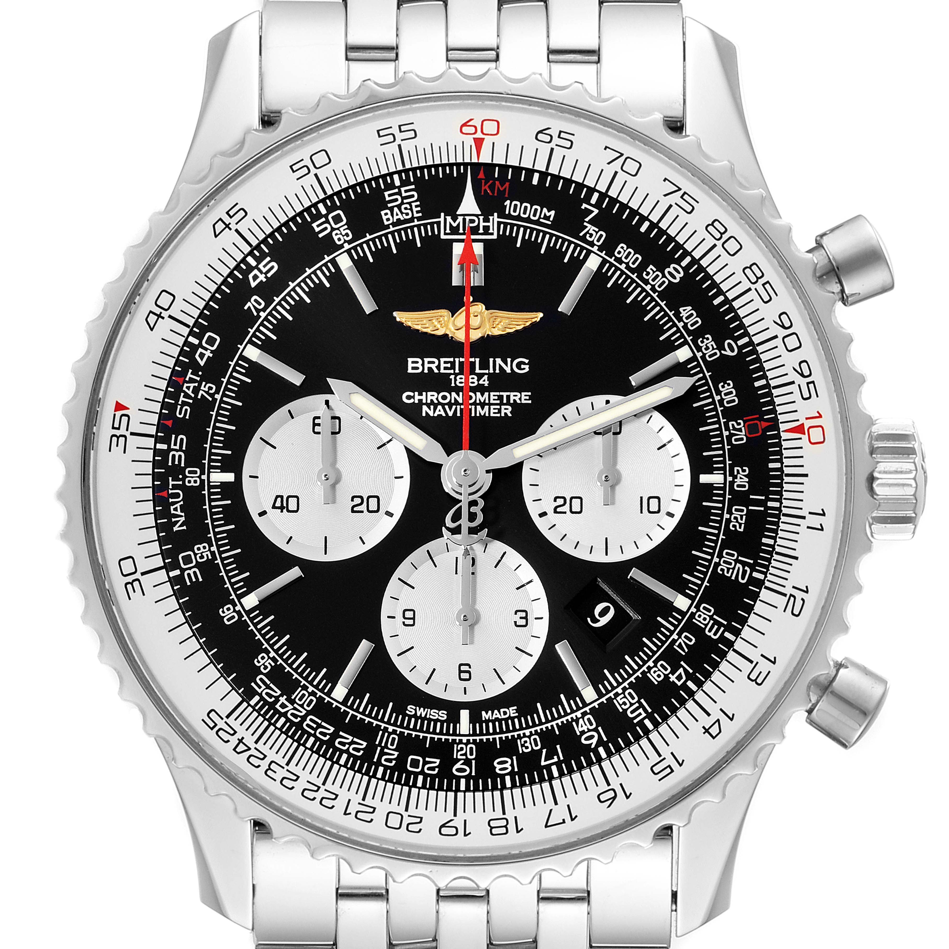 This image shows a frontal view of the Breitling Navitimer AB0127-211-B1A1 Men's Stainless Steel Black Dial AB0127-211-B1A1 Men's Stainless Steel Black Dial watch highlighting its face, sub-dials, and stainless steel bracelet.