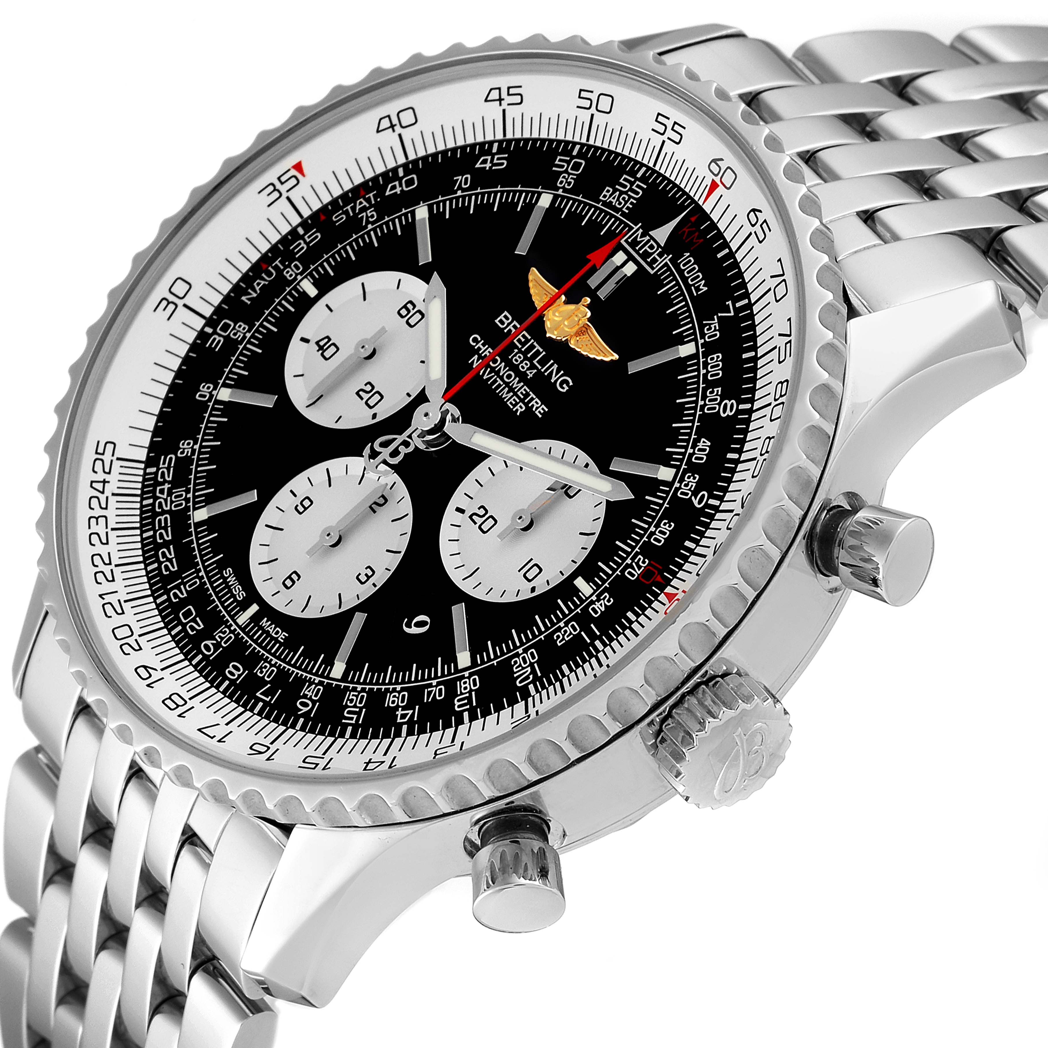 This image shows a Breitling Navitimer AB0127-211-B1A1 Men's Stainless Steel Black Dial AB0127-211-B1A1 Men's Stainless Steel Black Dial watch at an angle, highlighting its bezel, dial, crown, and chronograph pushers.