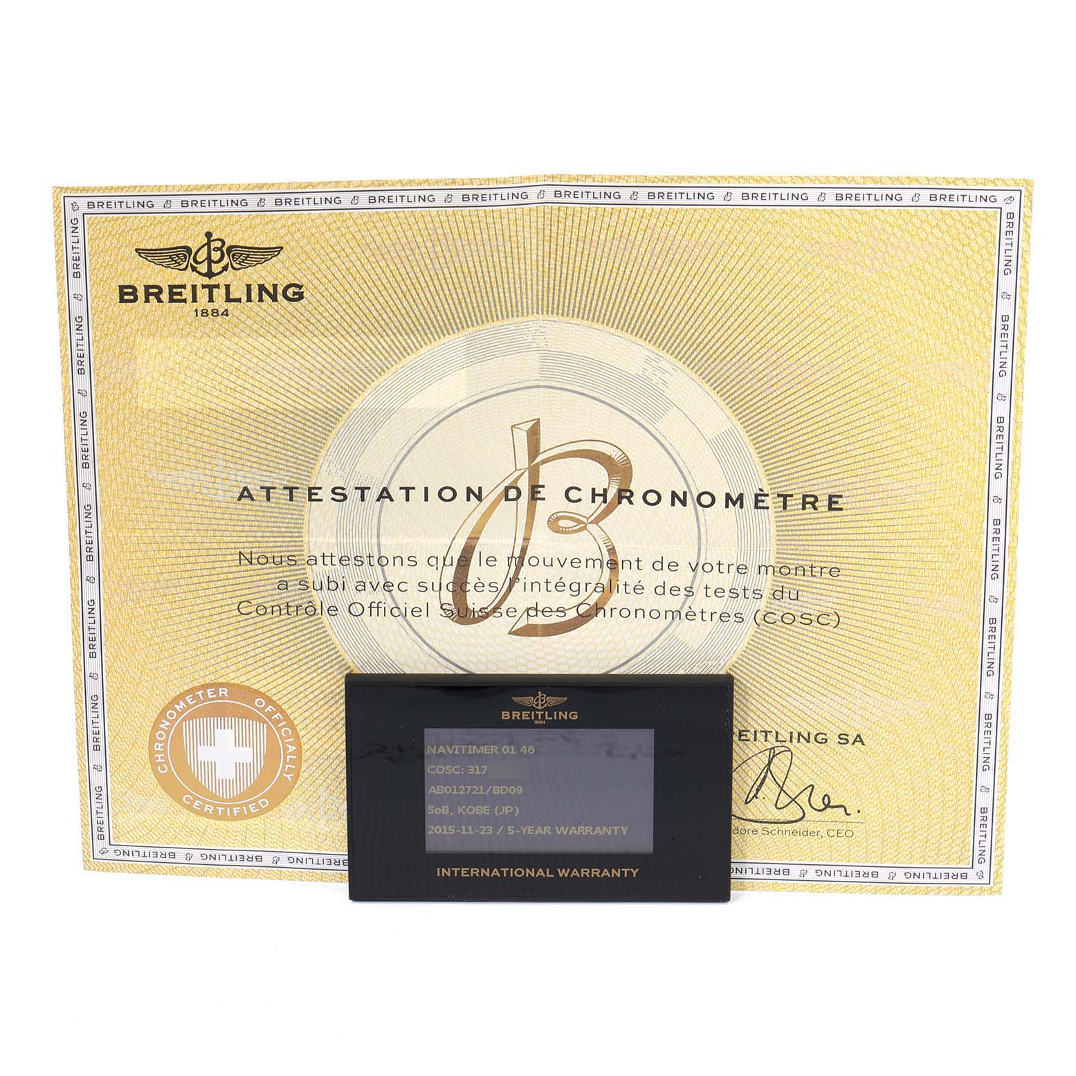 The image shows the certification and warranty card for a Breitling Navitimer AB0127-211-B1A1 Men's Stainless Steel Black Dial AB0127-211-B1A1 Men's Stainless Steel Black Dial watch, displayed from a front angle.