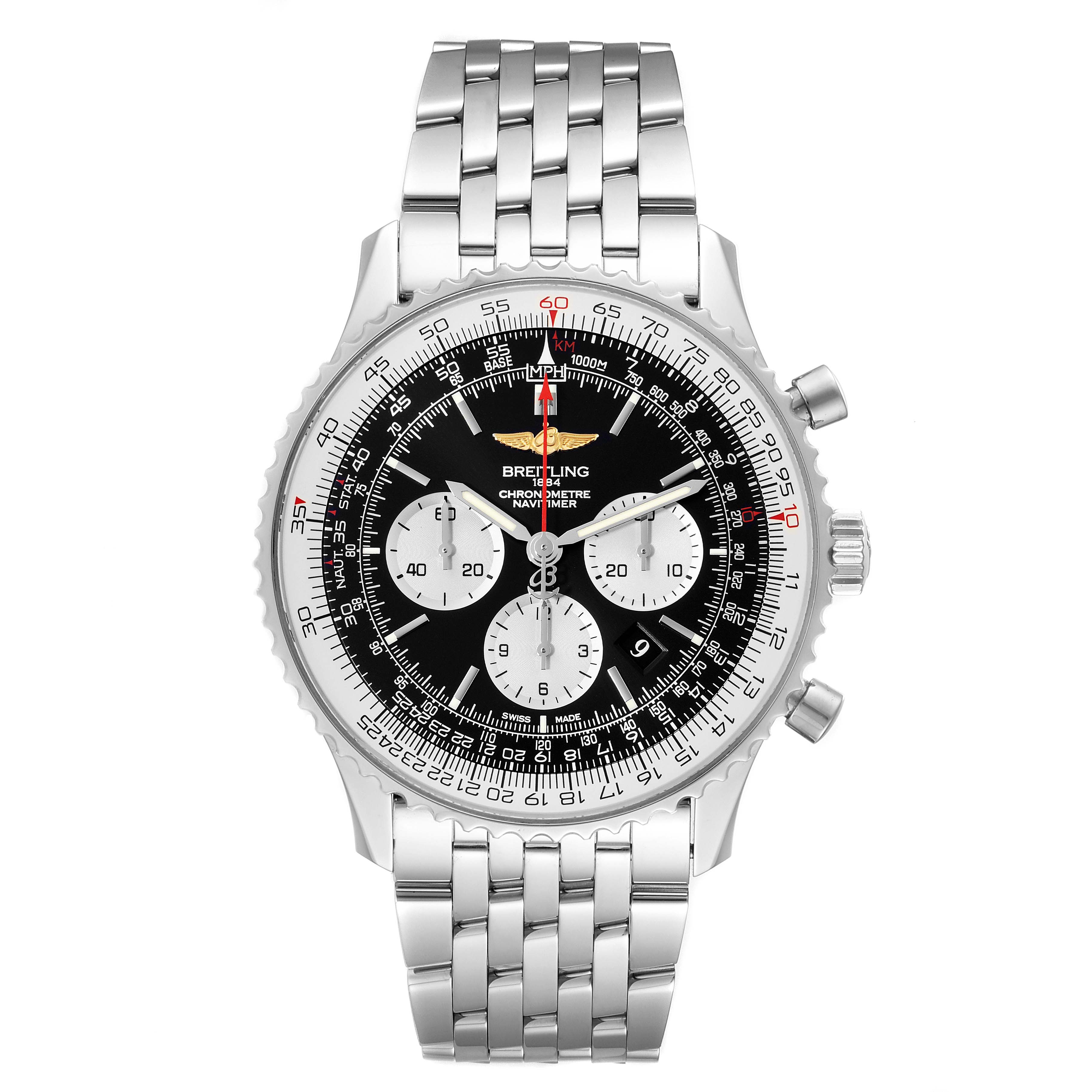 The image shows a top-down view of a Breitling Navitimer AB0127-211-B1A1 Men's Stainless Steel Black Dial AB0127-211-B1A1 Men's Stainless Steel Black Dial watch, highlighting its stainless steel bracelet, black dial, and chronograph subdials.