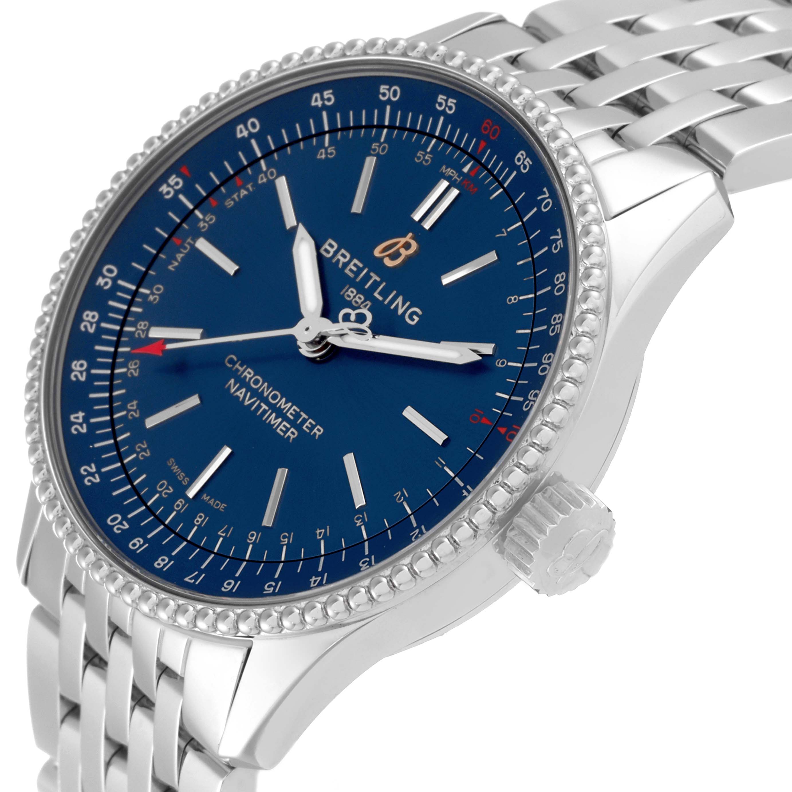 The image shows a close-up angle of the Breitling Navitimer A17395 Men's Stainless Steel Blue Dial A17395 Men's Stainless Steel Blue Dial Automatic 35 Blue Dial Steel Ladies Watch A17395, highlighting the blue dial, crown, and part of the bracelet.