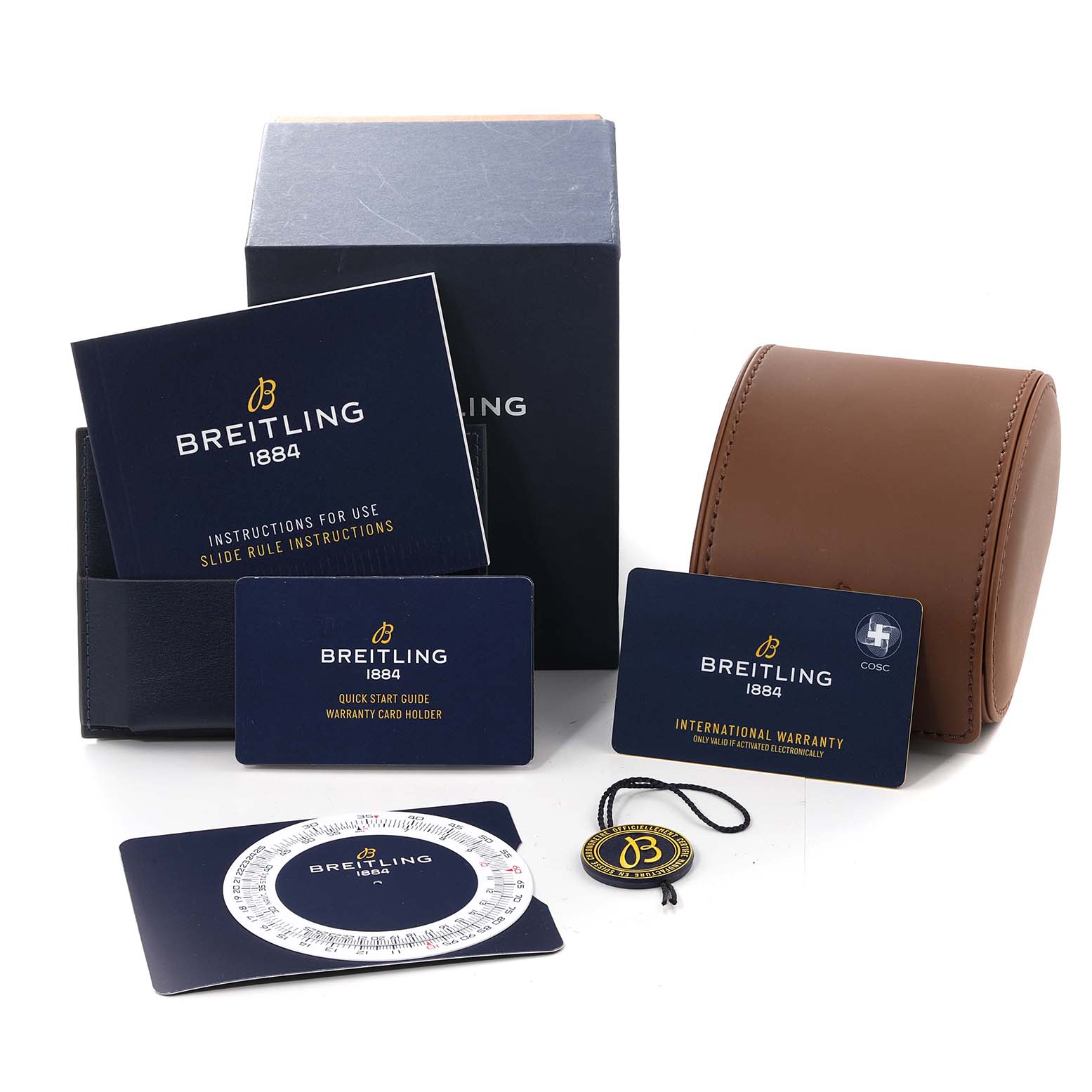 The image shows the box, card, manuals, warranty, tag, and leather case of the Breitling Navitimer A17395 Men's Stainless Steel Blue Dial A17395 Men's Stainless Steel Blue Dial Automatic 35 Blue Dial Steel Ladies Watch A17395.