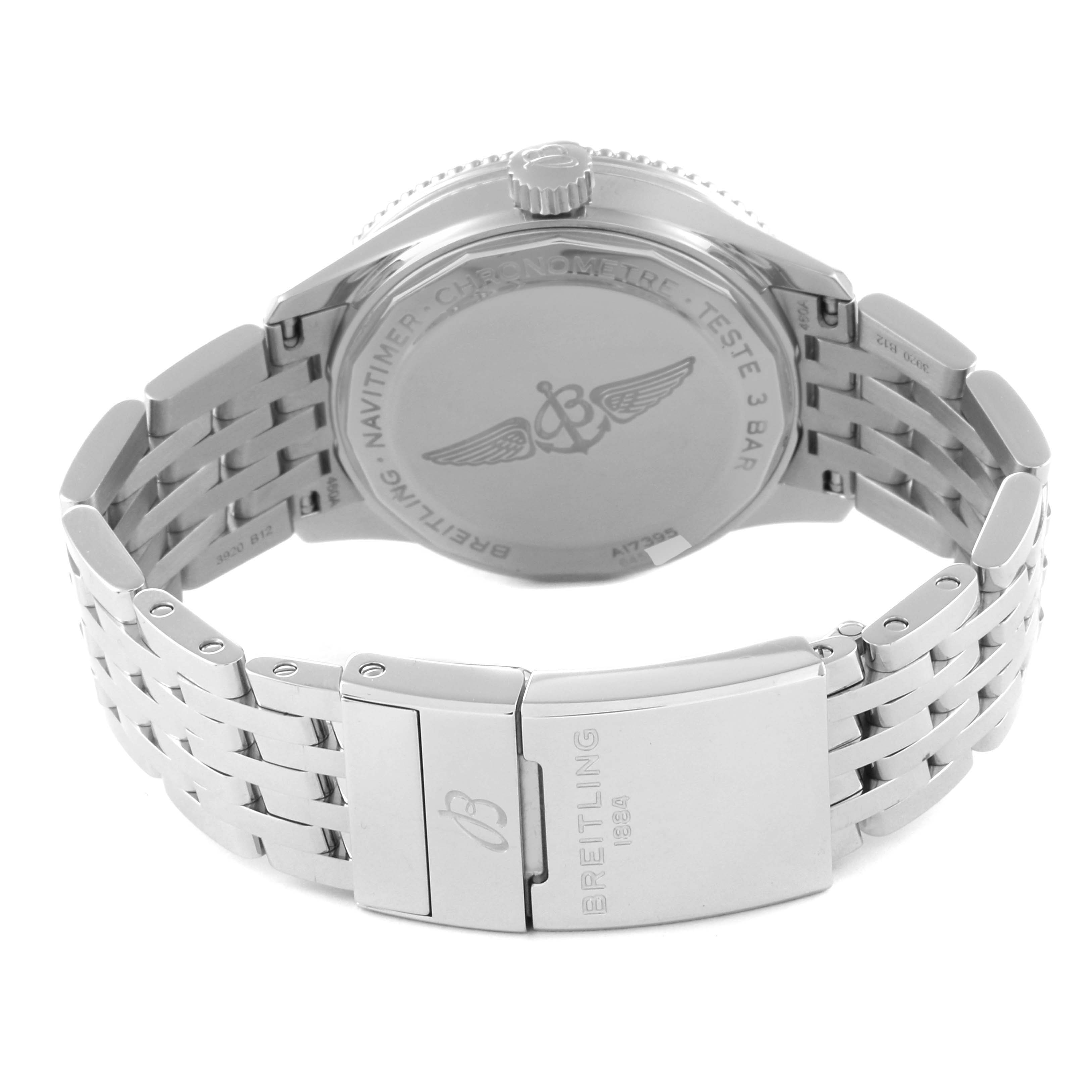 This image shows the back and clasp of a Breitling Navitimer A17395 Men's Stainless Steel Blue Dial A17395 Men's Stainless Steel Blue Dial Automatic 35 Blue Dial Steel Ladies Watch A17395.