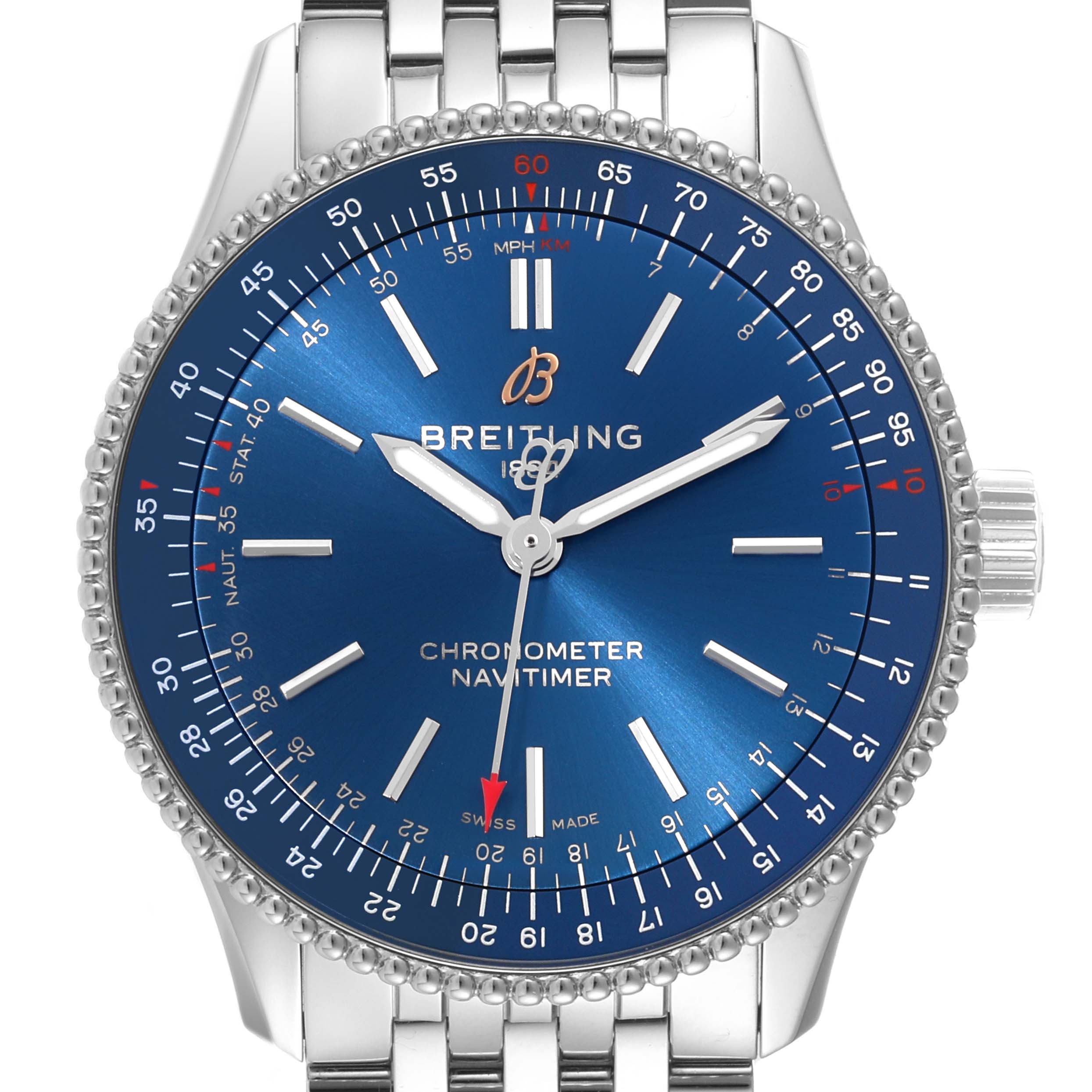 This image shows a straight-on view of the Breitling Navitimer A17395 Men's Stainless Steel Blue Dial A17395 Men's Stainless Steel Blue Dial Automatic 35 Blue Dial Steel Ladies Watch A17395, highlighting the dial and bracelet.