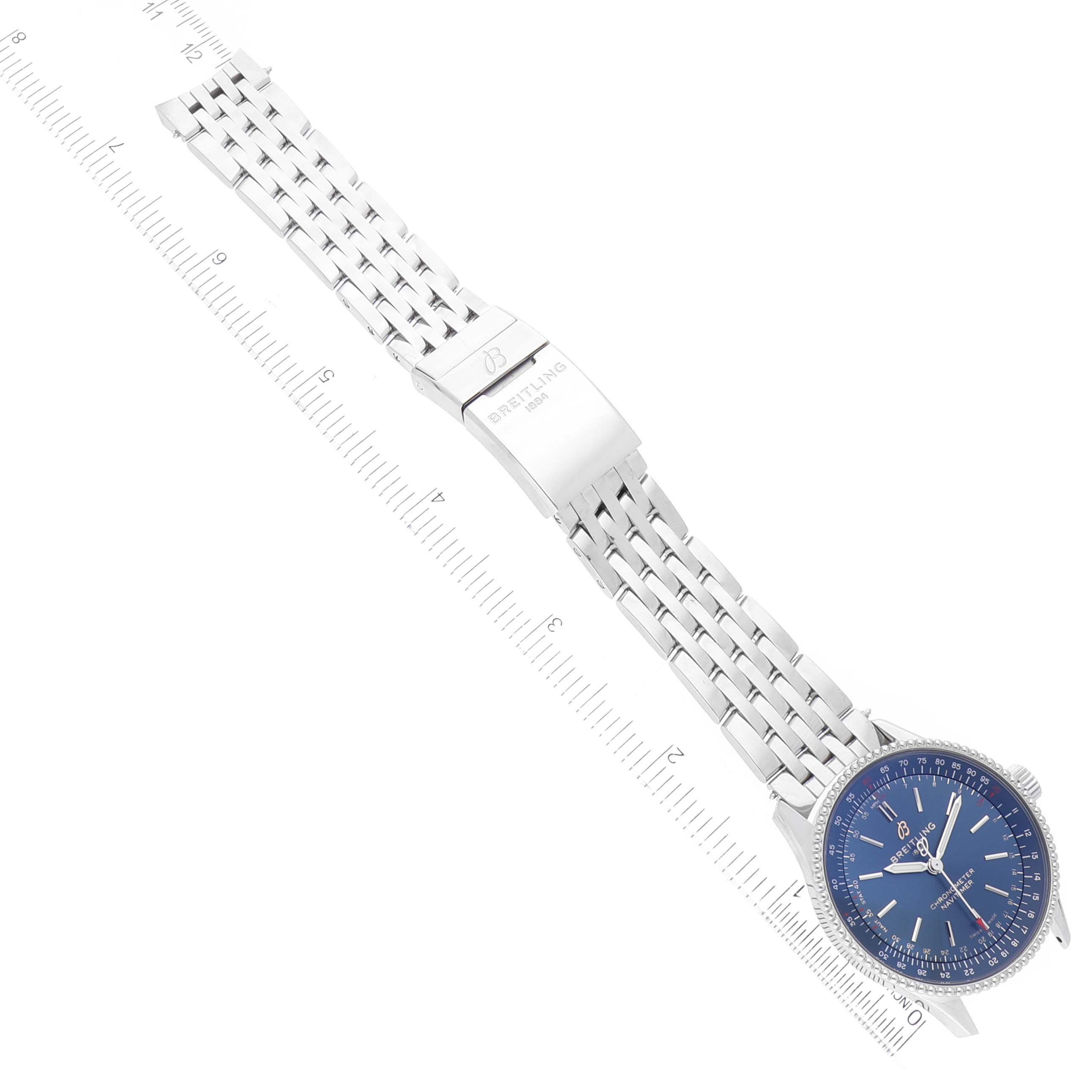 The image shows a top-down view of the Breitling Navitimer A17395 Men's Stainless Steel Blue Dial A17395 Men's Stainless Steel Blue Dial Automatic 35 Blue Dial Steel Ladies Watch A17395, including the dial, case, and bracelet.