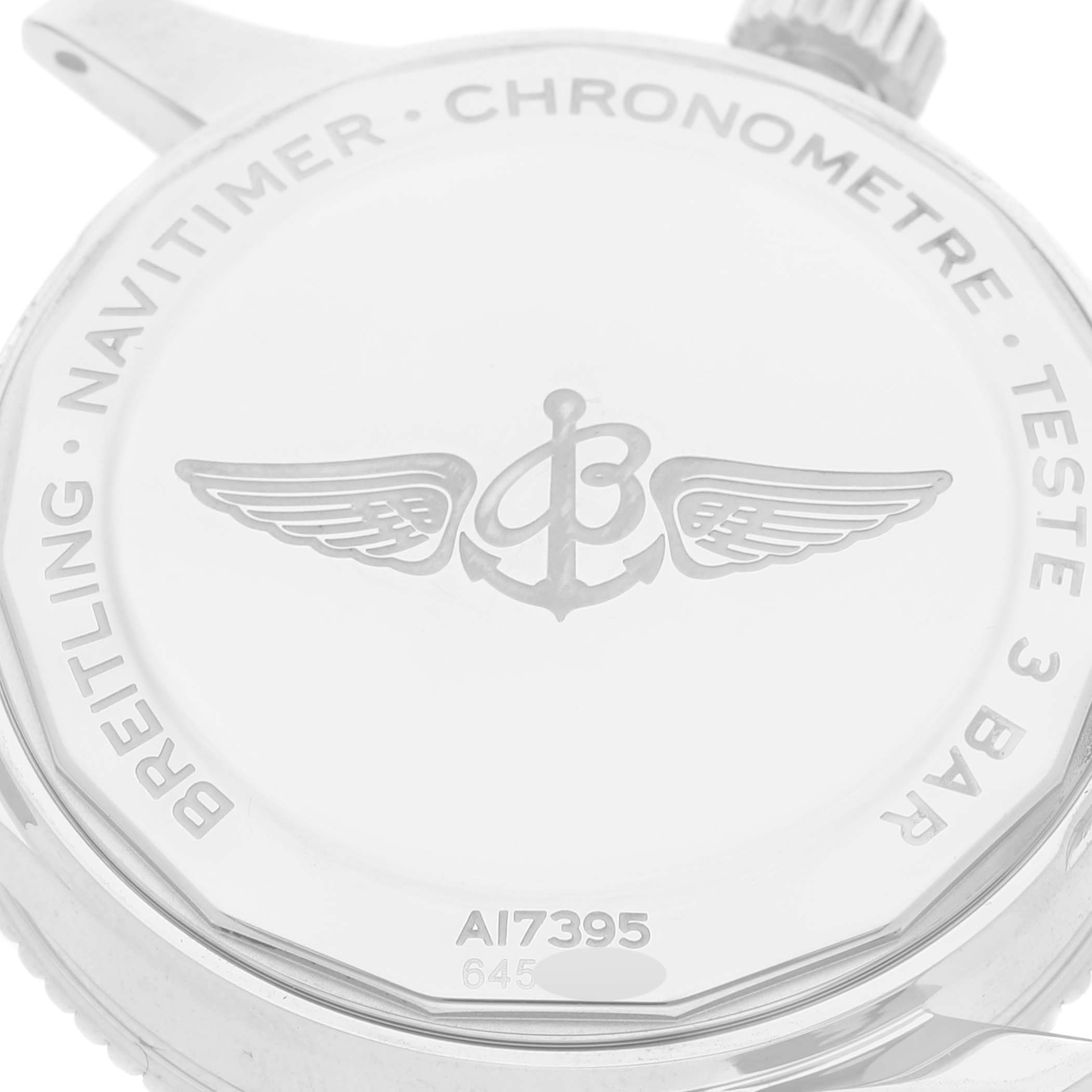 The image shows the case back of the Breitling Navitimer A17395 Men's Stainless Steel Blue Dial A17395 Men's Stainless Steel Blue Dial Automatic 35 Blue Dial Steel Ladies Watch A17395.