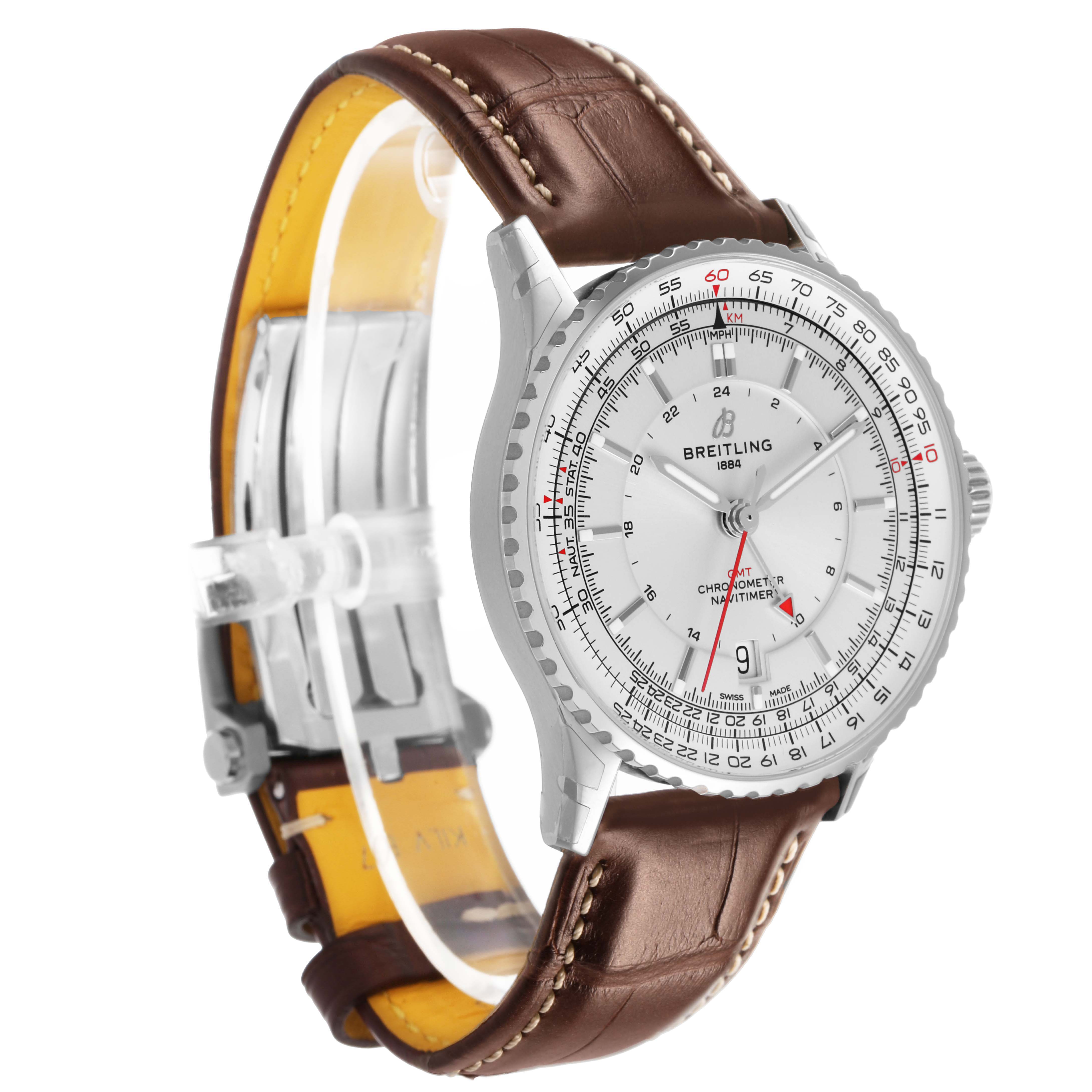 The Breitling Navitimer A32310 Men's Stainless Steel Silver Dial watch is shown at a three-quarter angle, highlighting the face, bezel, and leather strap.