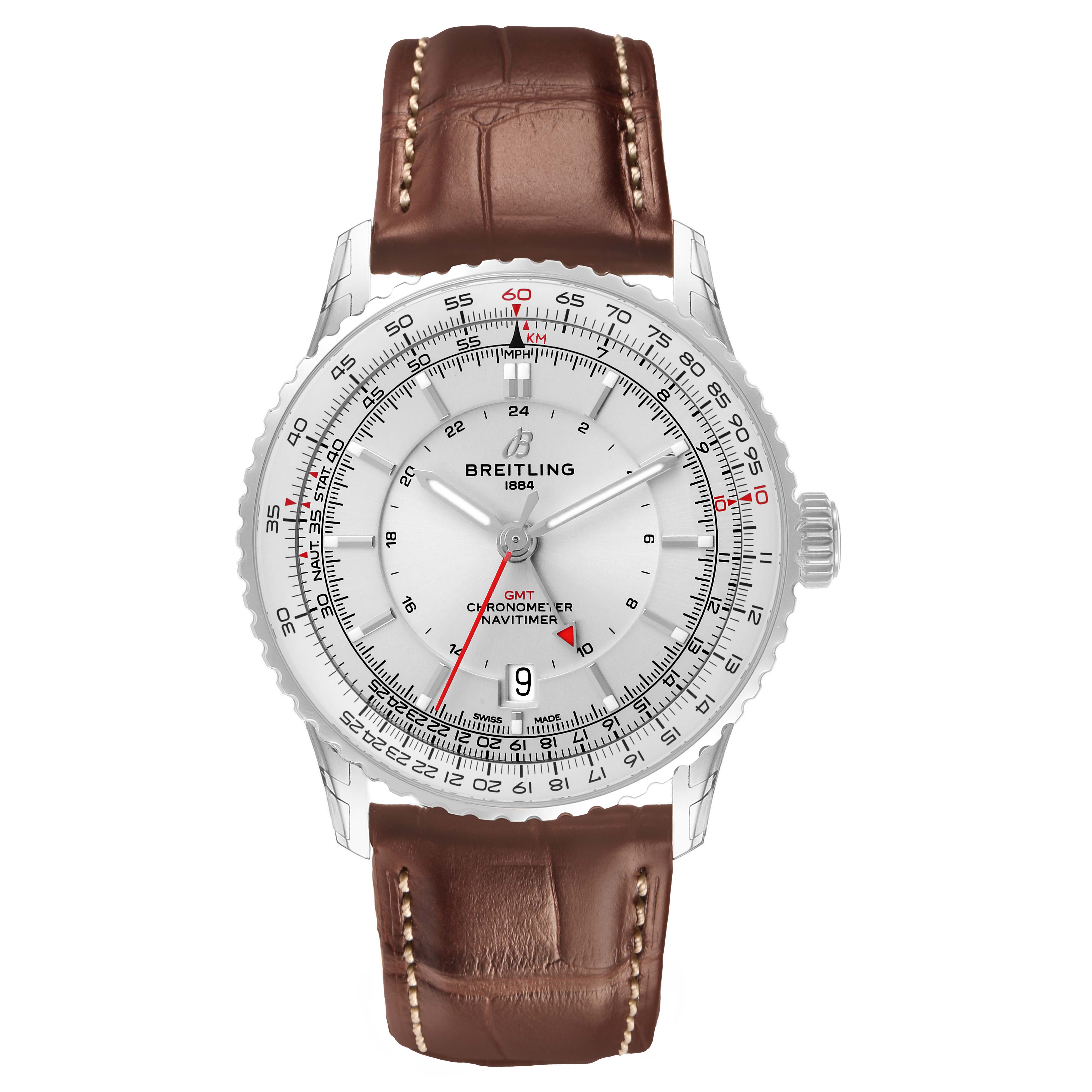 The Breitling Navitimer A32310 Men's Stainless Steel Silver Dial is shown from a front angle, displaying the dial, bezel, and brown leather strap.